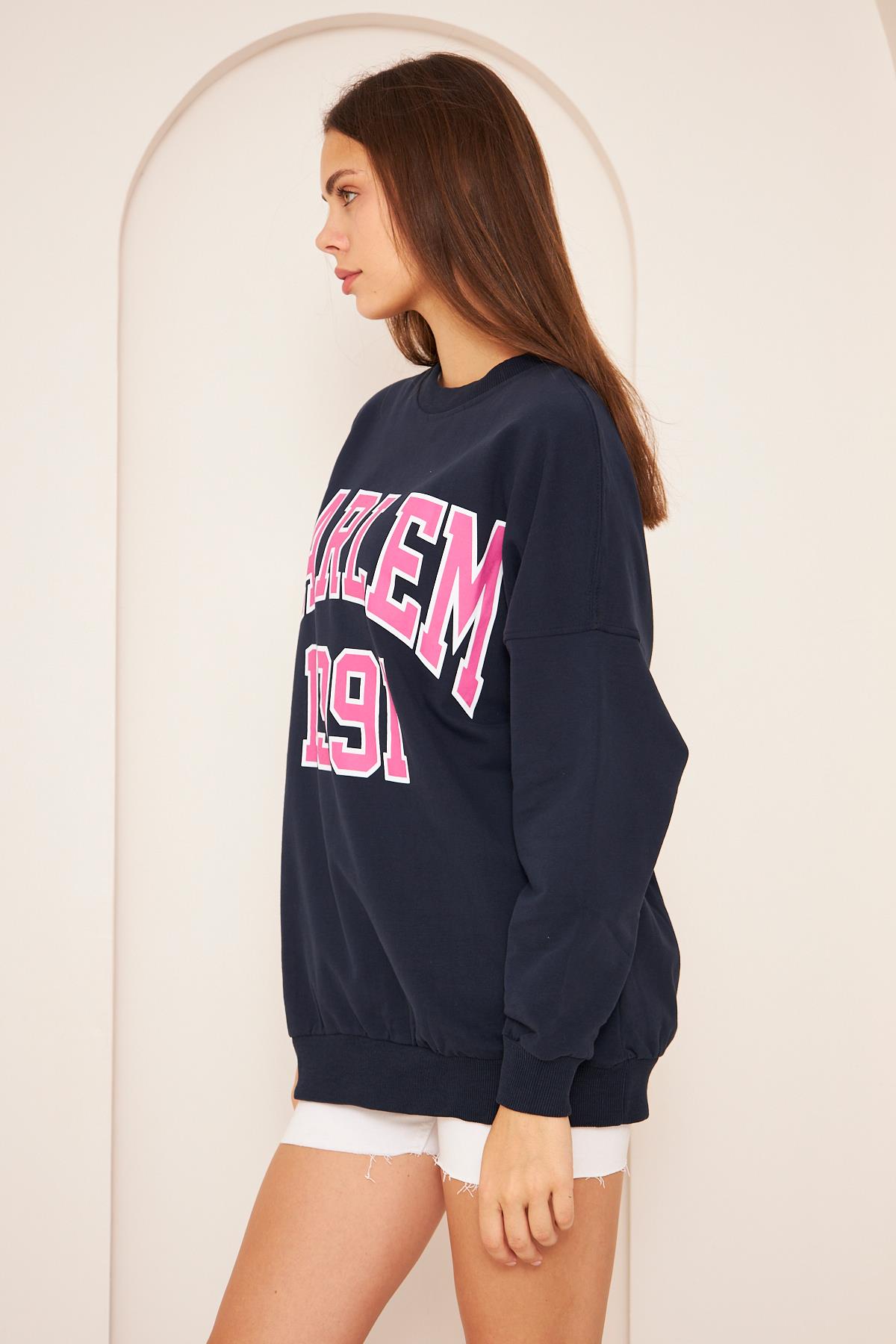 Oversize %100 Pamuklu Şardonlu Sweatshırt 22907b3 -lacivert