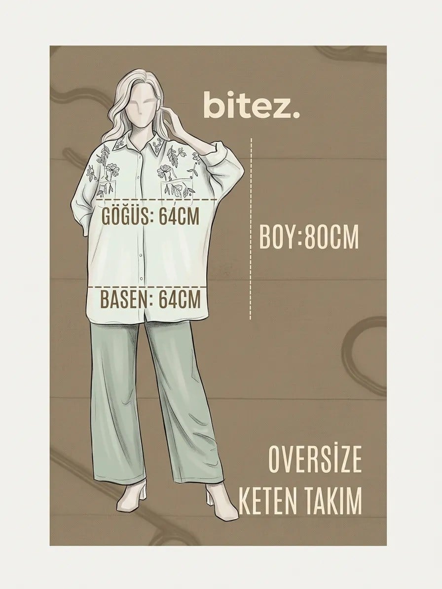 NAKIŞ İŞLEMELİ TAŞLI OVERSİZE KETEN TAKIM117672