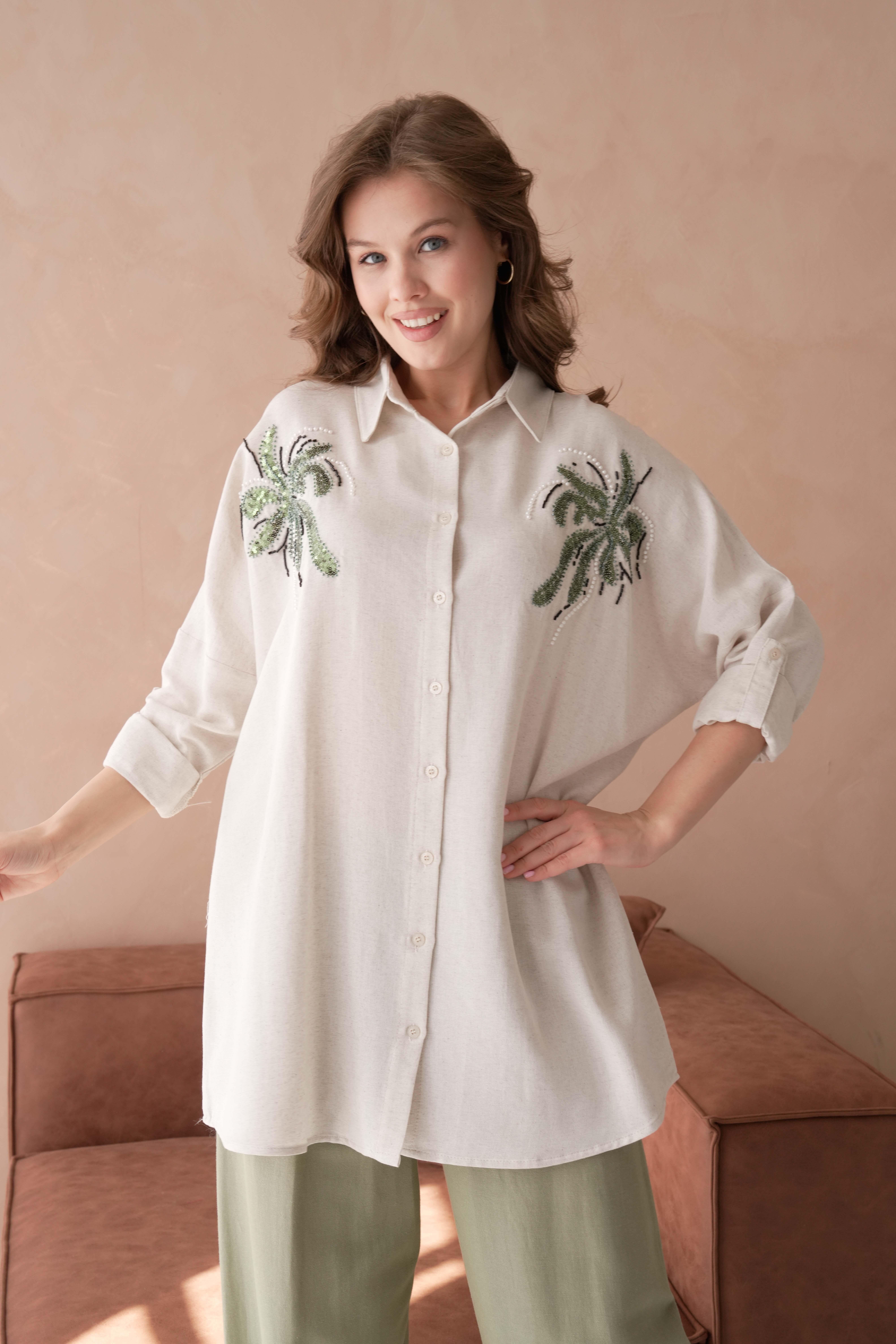BONCUK NAKIŞ İŞLEMELİ OVERSIZE KETEN GÖMLEK17400