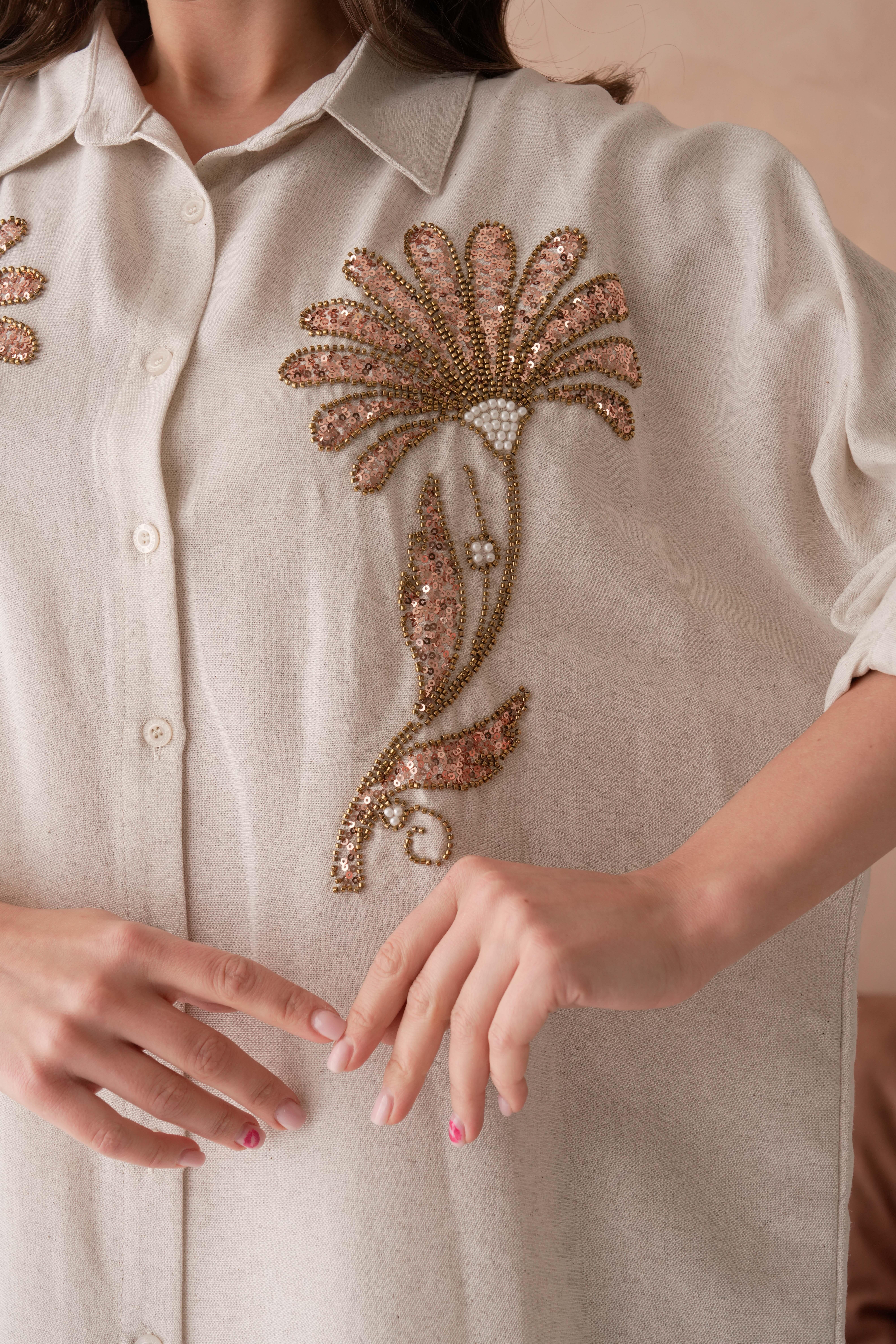 BONCUK NAKIŞ İŞLEMELİ OVERSIZE KETEN GÖMLEK17401