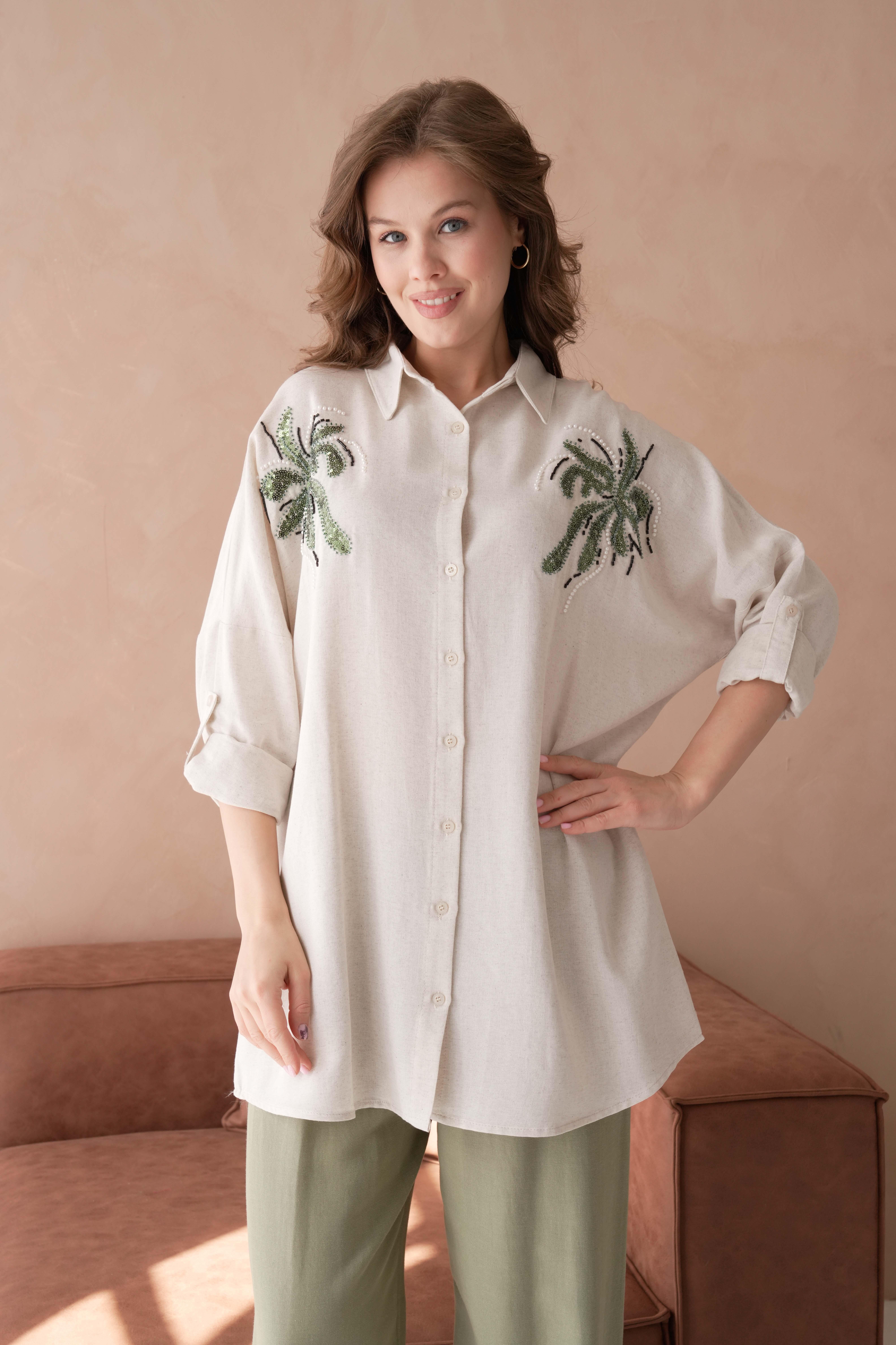 BONCUK NAKIŞ İŞLEMELİ OVERSIZE KETEN GÖMLEK17400