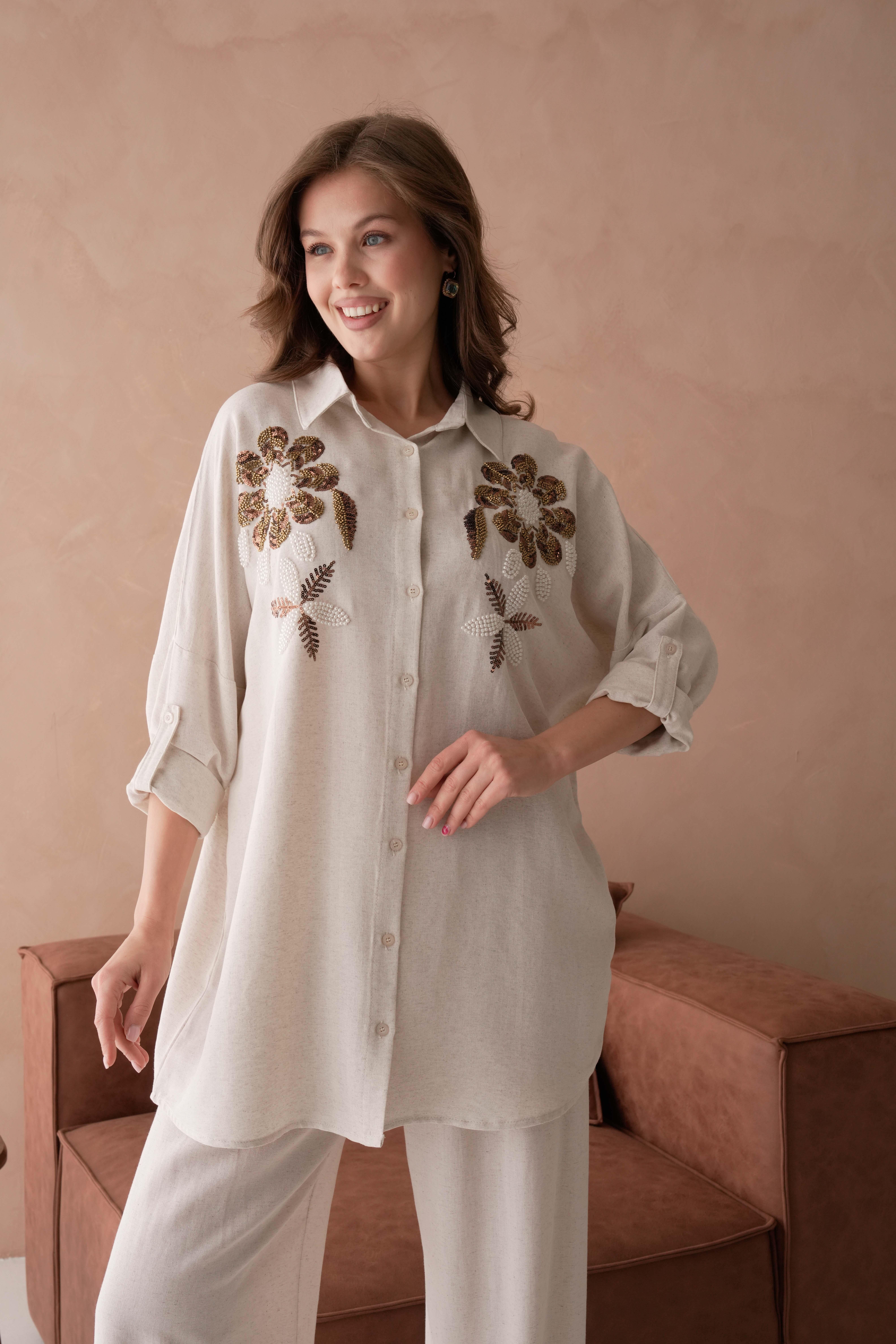 BONCUK NAKIŞ İŞLEMELİ OVERSIZE KETEN GÖMLEK17403