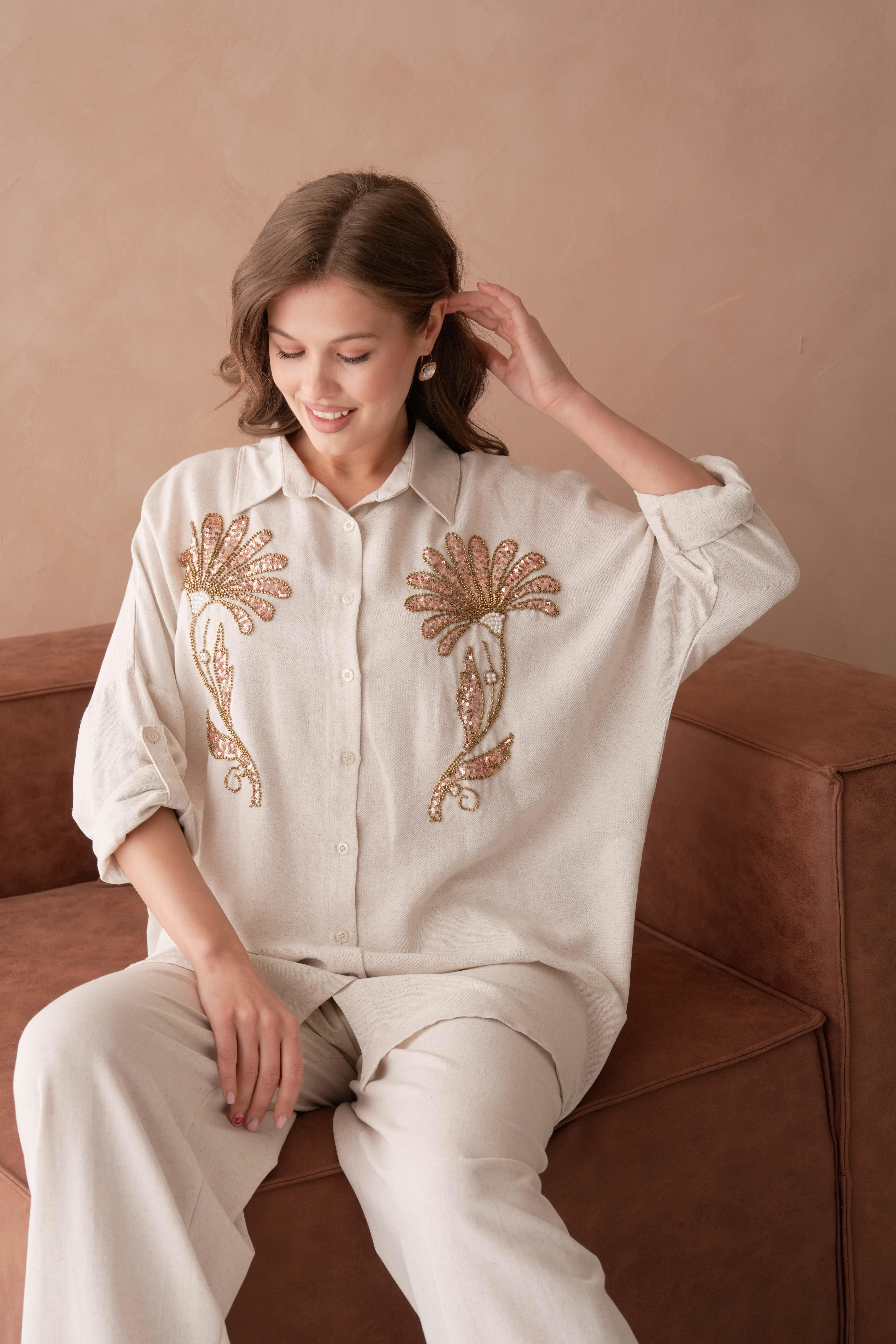 BONCUK NAKIŞ İŞLEMELİ OVERSIZE KETEN GÖMLEK17401