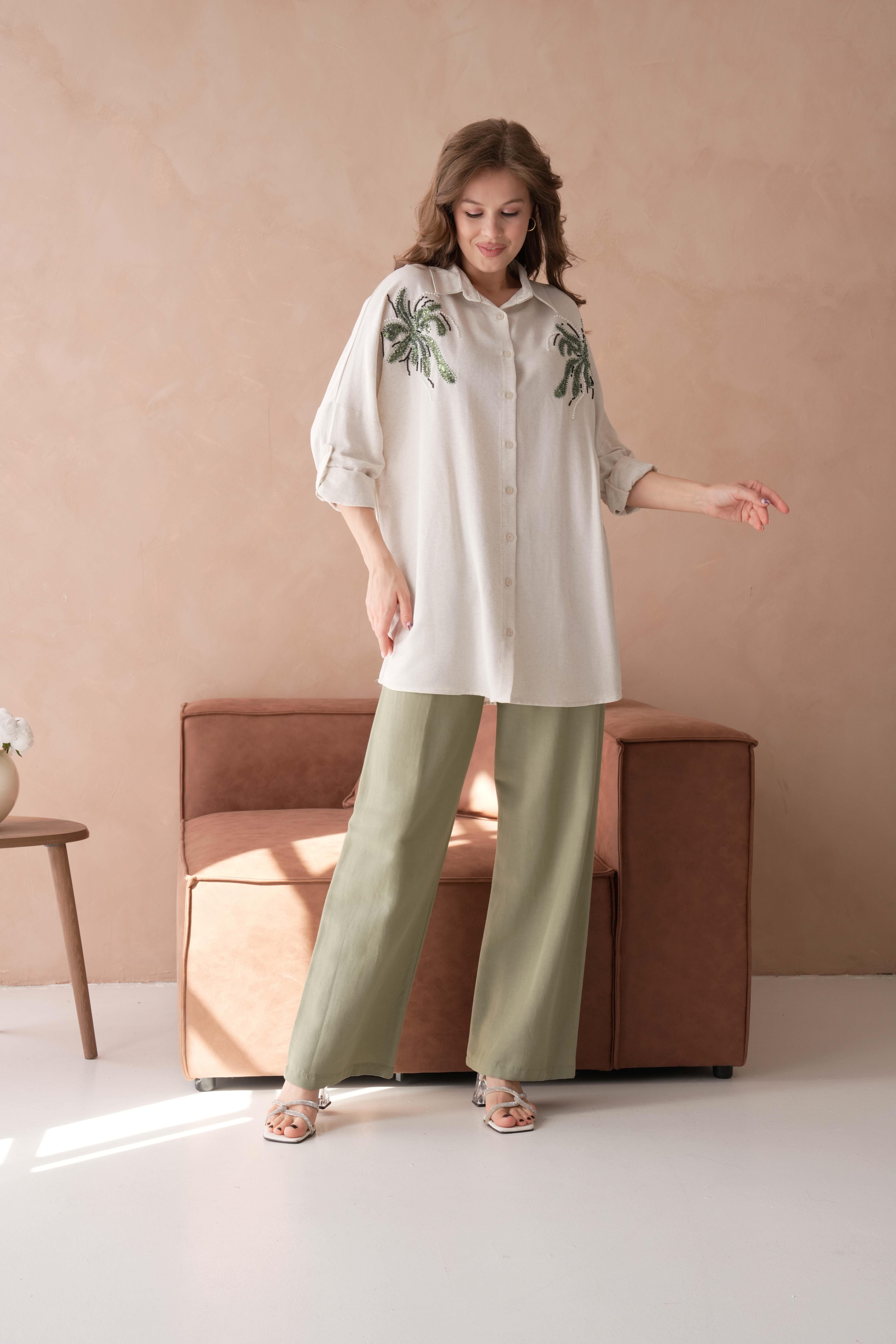BONCUK NAKIŞ İŞLEMELİ OVERSIZE KETEN GÖMLEK17400