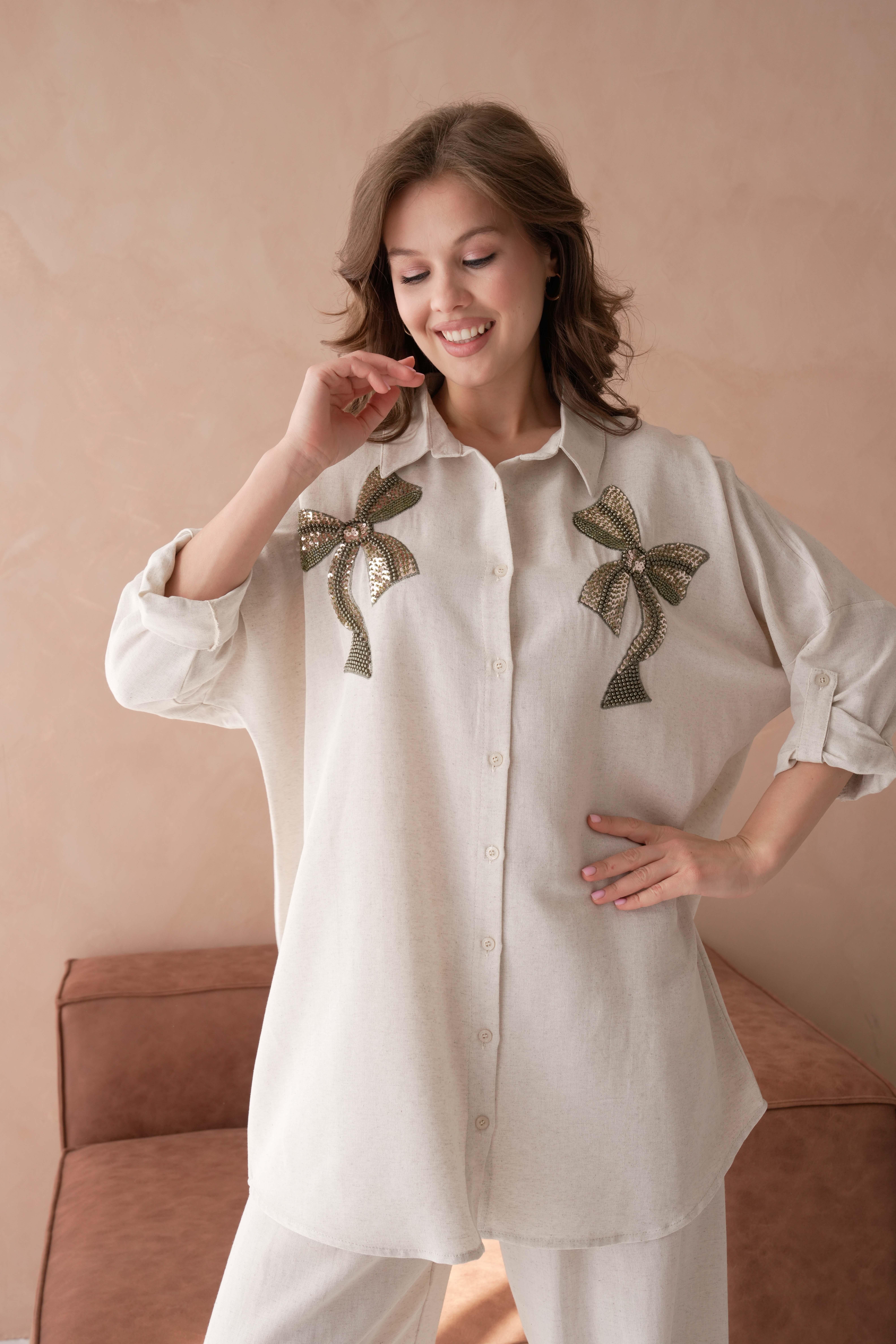 BONCUK NAKIŞ İŞLEMELİ OVERSIZE KETEN GÖMLEK17405