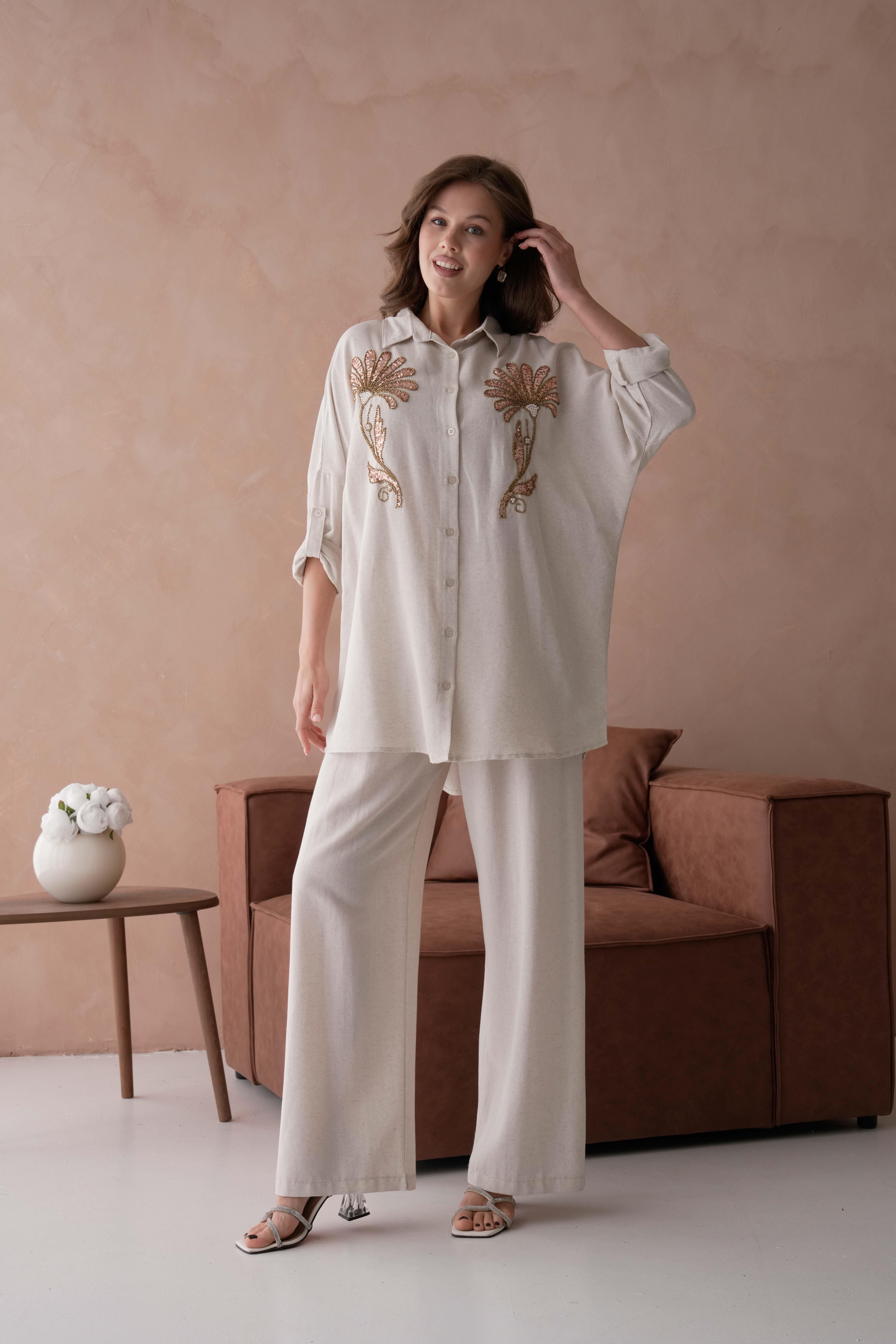 BONCUK NAKIŞ İŞLEMELİ OVERSIZE KETEN GÖMLEK17401