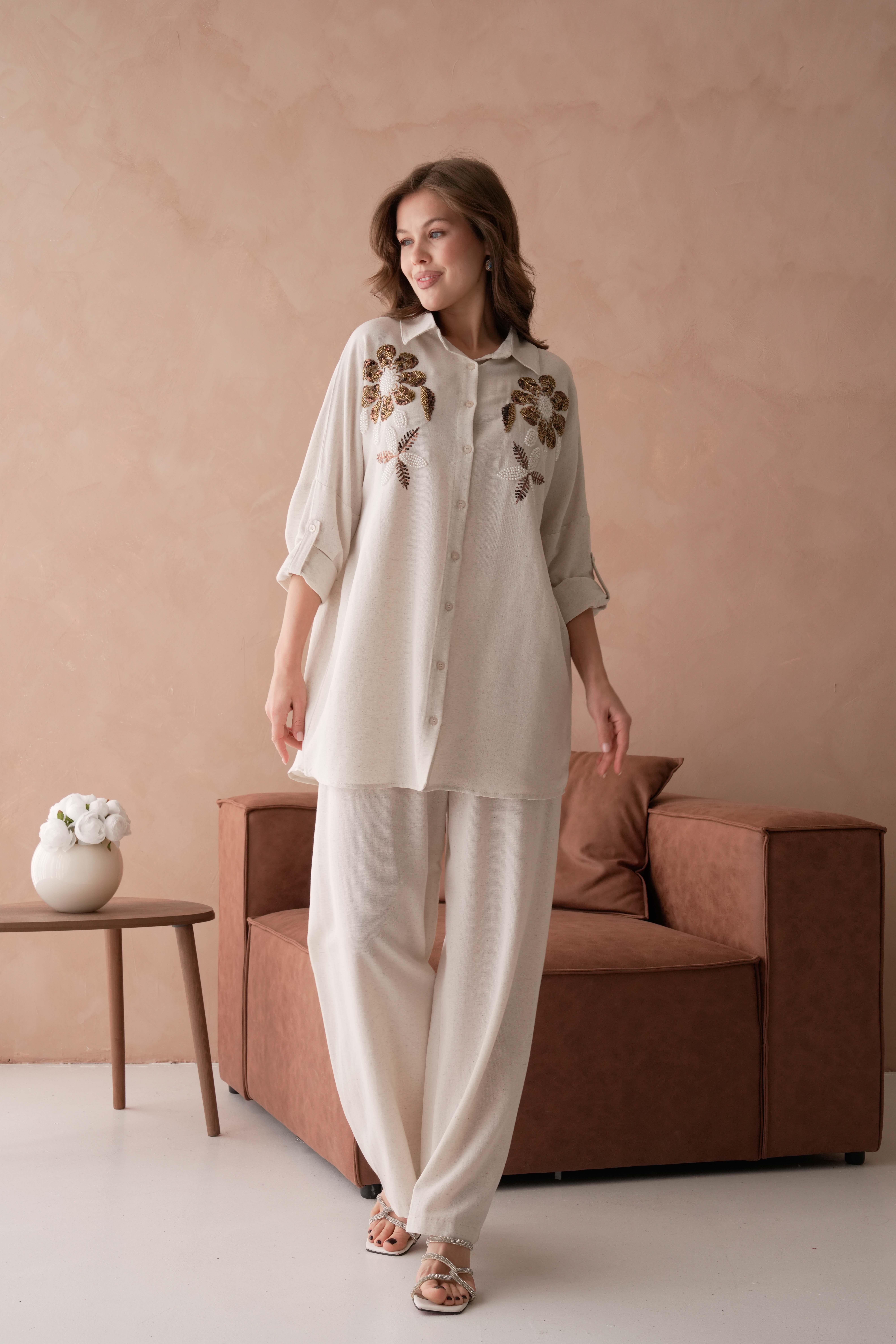 BONCUK NAKIŞ İŞLEMELİ OVERSIZE KETEN GÖMLEK17403