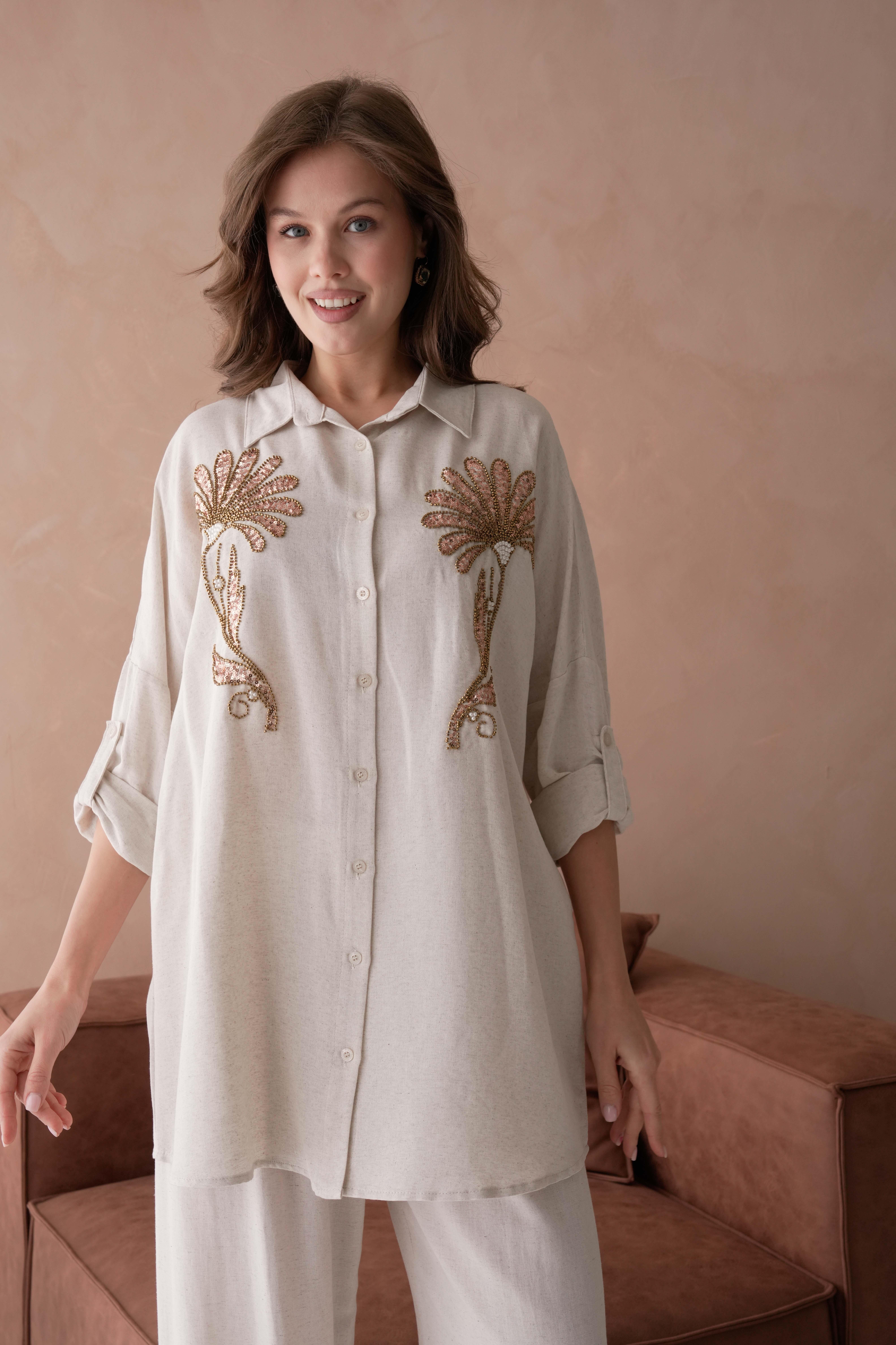 BONCUK NAKIŞ İŞLEMELİ OVERSIZE KETEN GÖMLEK17401