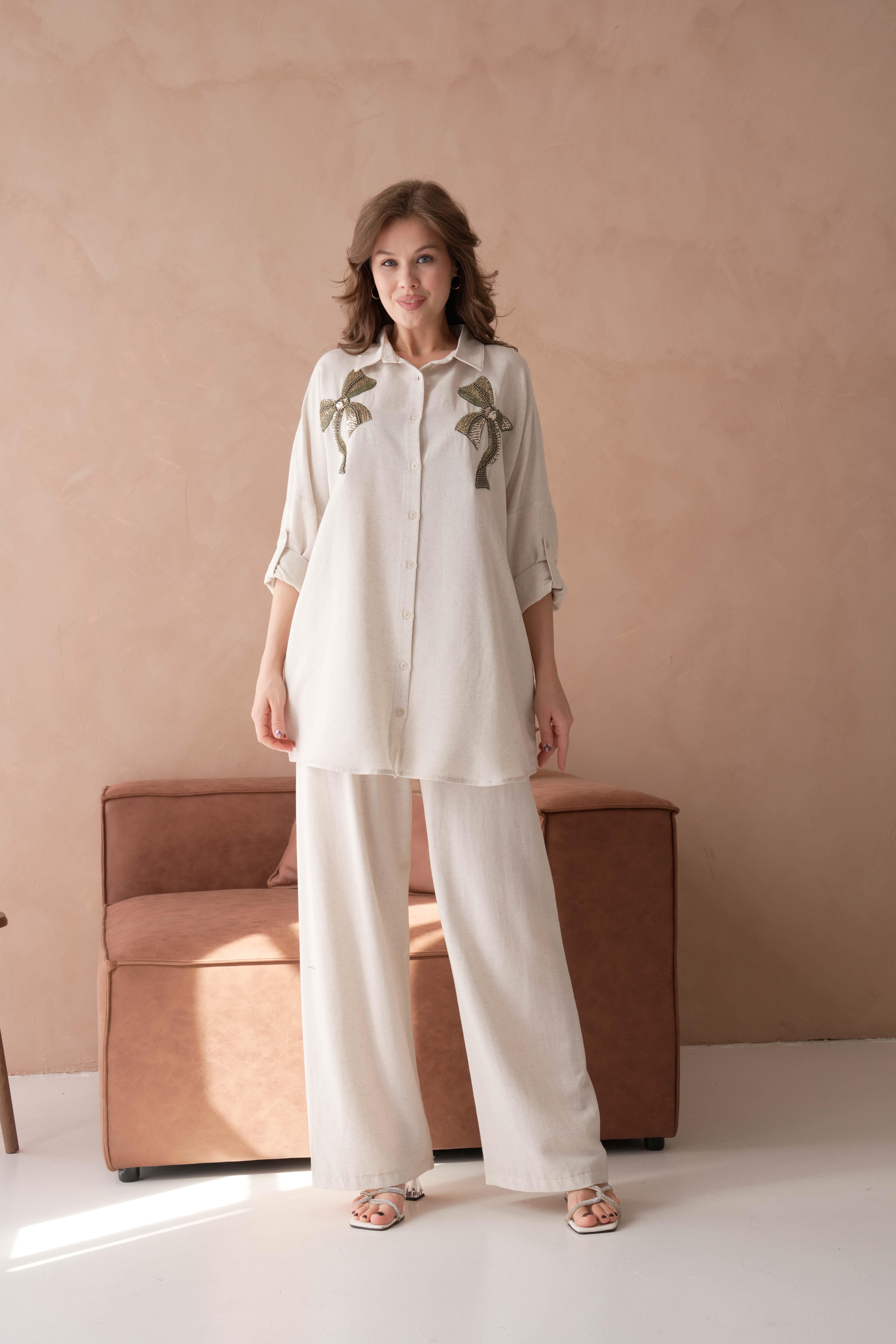 BONCUK NAKIŞ İŞLEMELİ OVERSIZE KETEN GÖMLEK17405