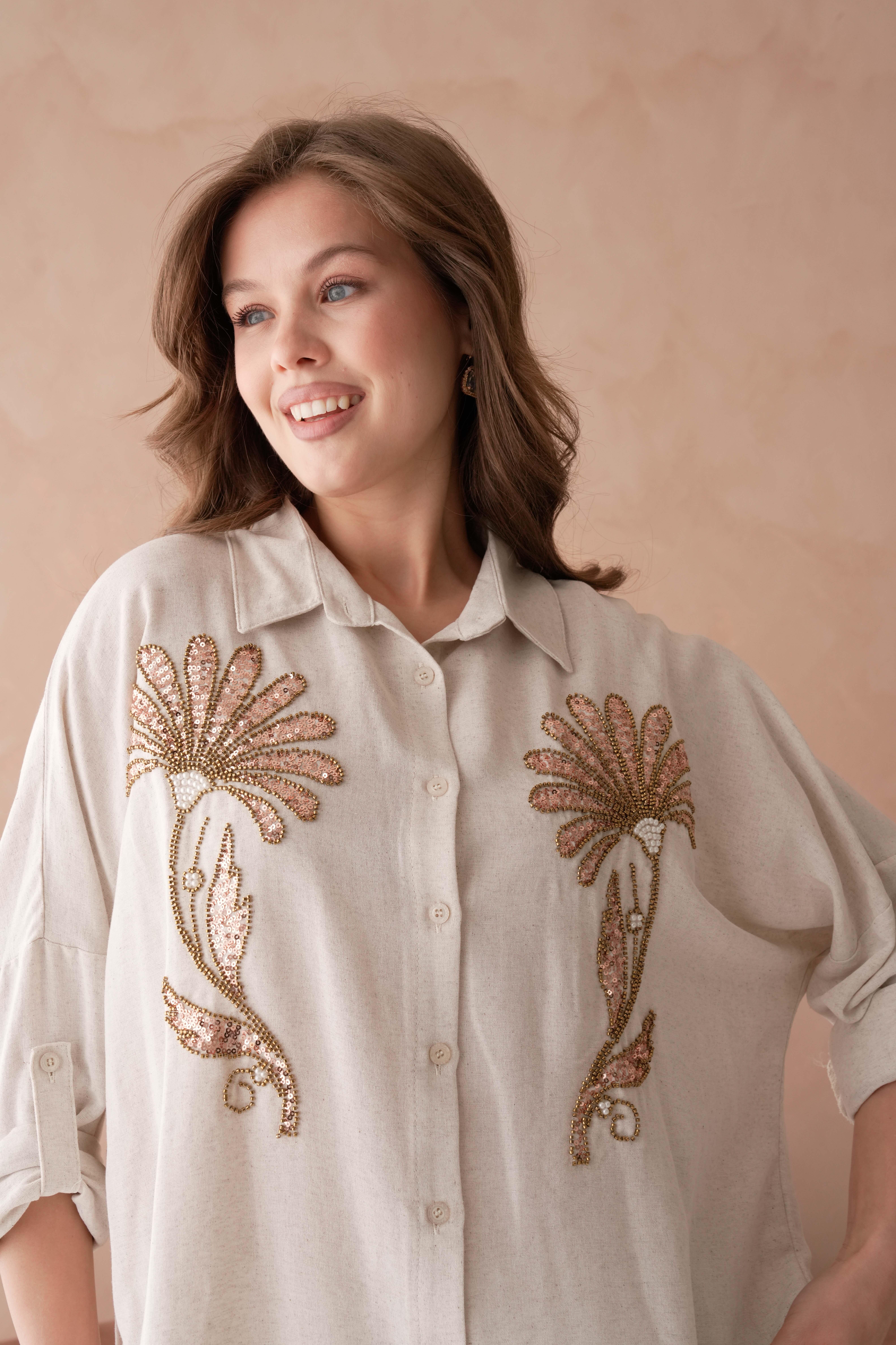BONCUK NAKIŞ İŞLEMELİ OVERSIZE KETEN GÖMLEK17401
