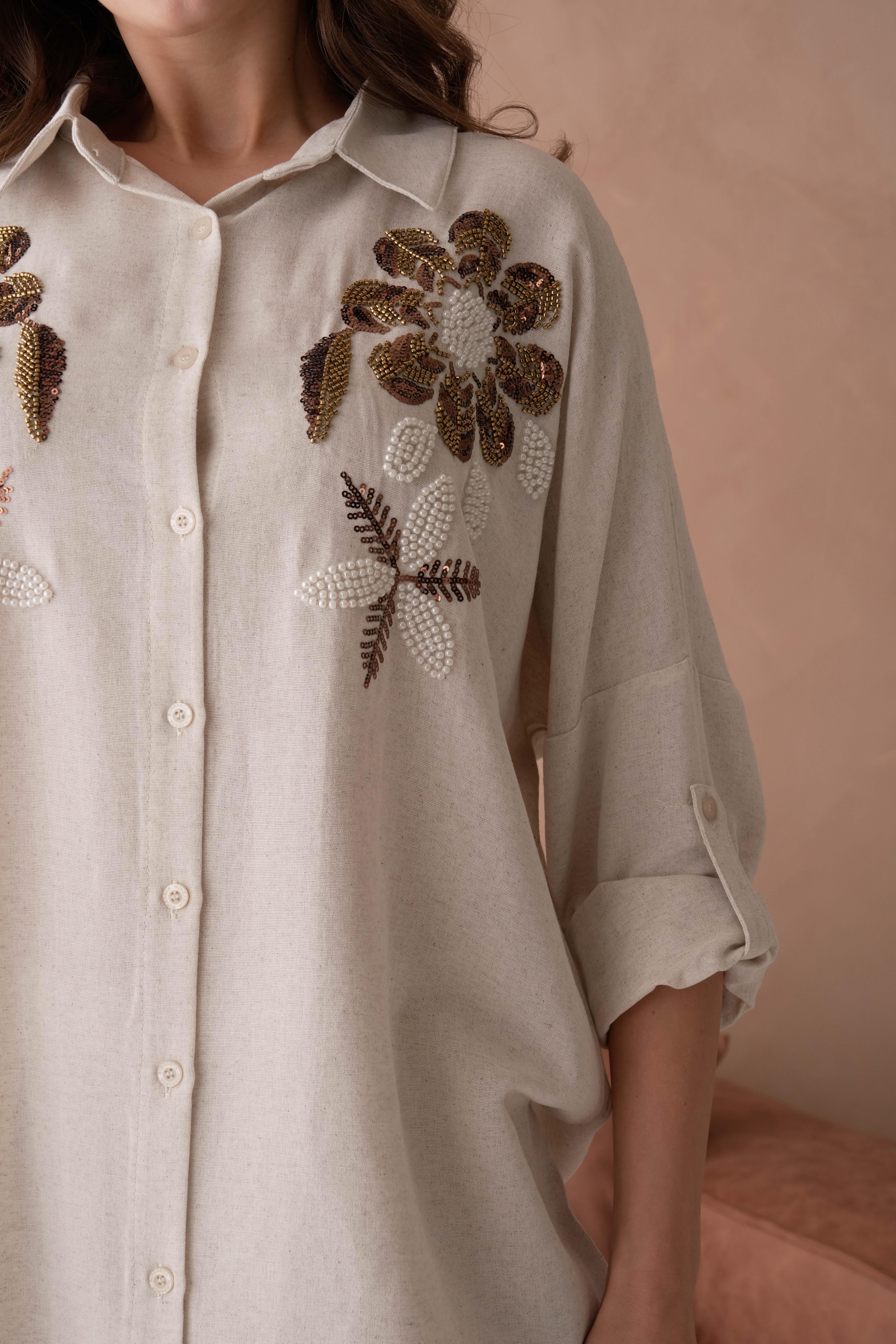 BONCUK NAKIŞ İŞLEMELİ OVERSIZE KETEN GÖMLEK17403