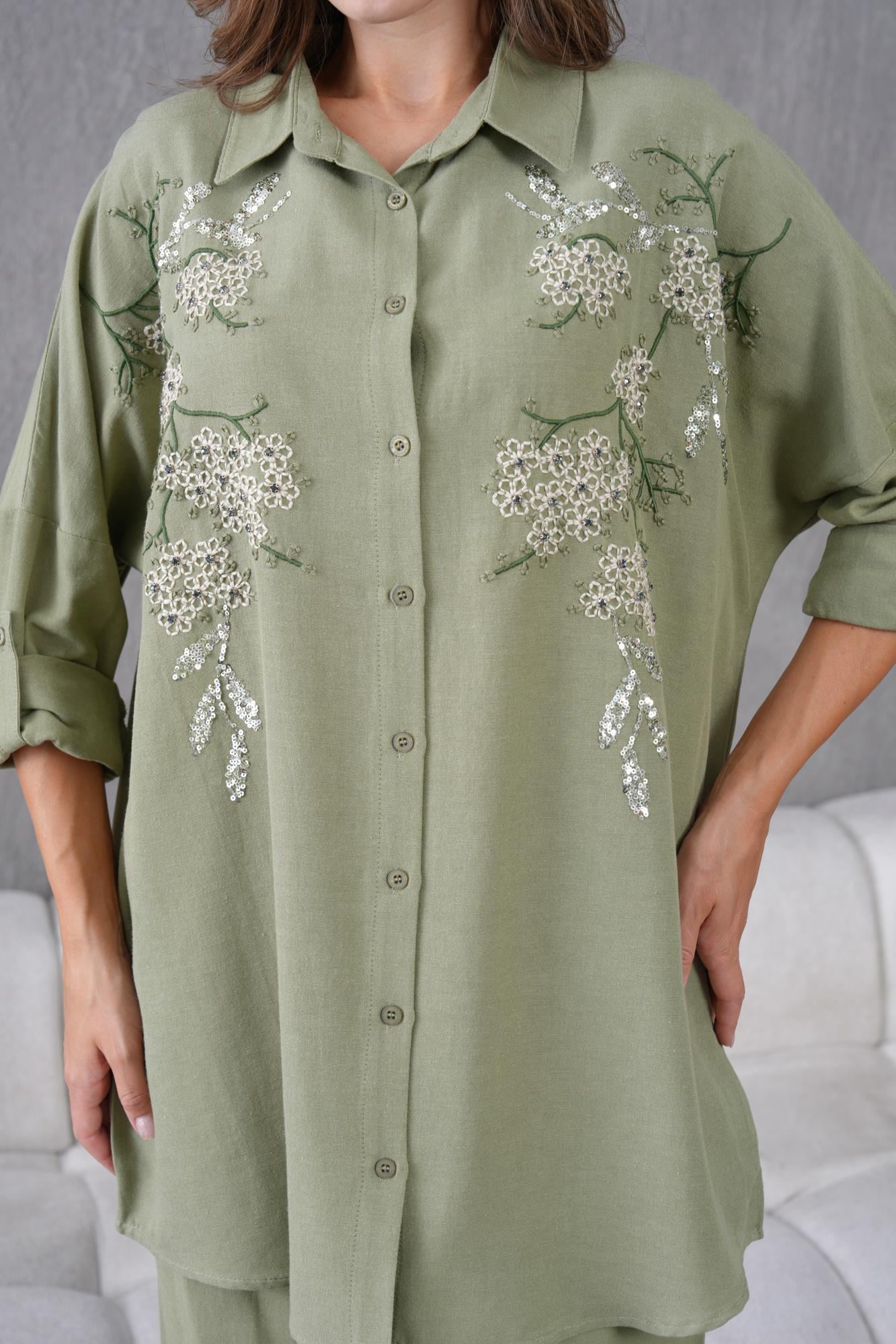 NAKIŞ İŞLEMELİ OVERSIZE KETEN GÖMLEK17429