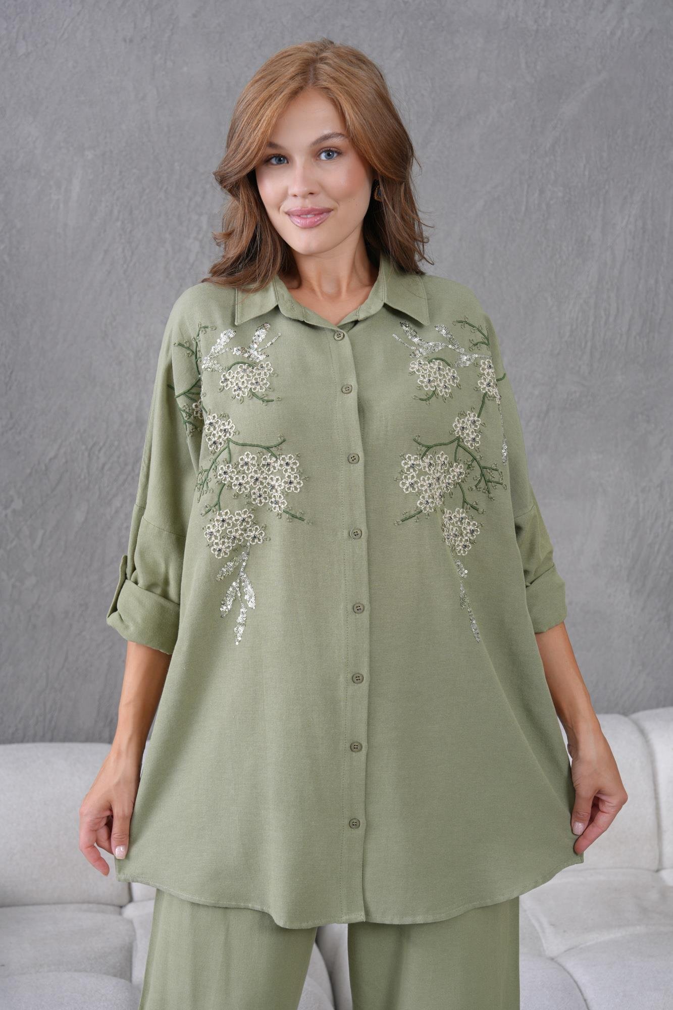 NAKIŞ İŞLEMELİ OVERSIZE KETEN GÖMLEK17429