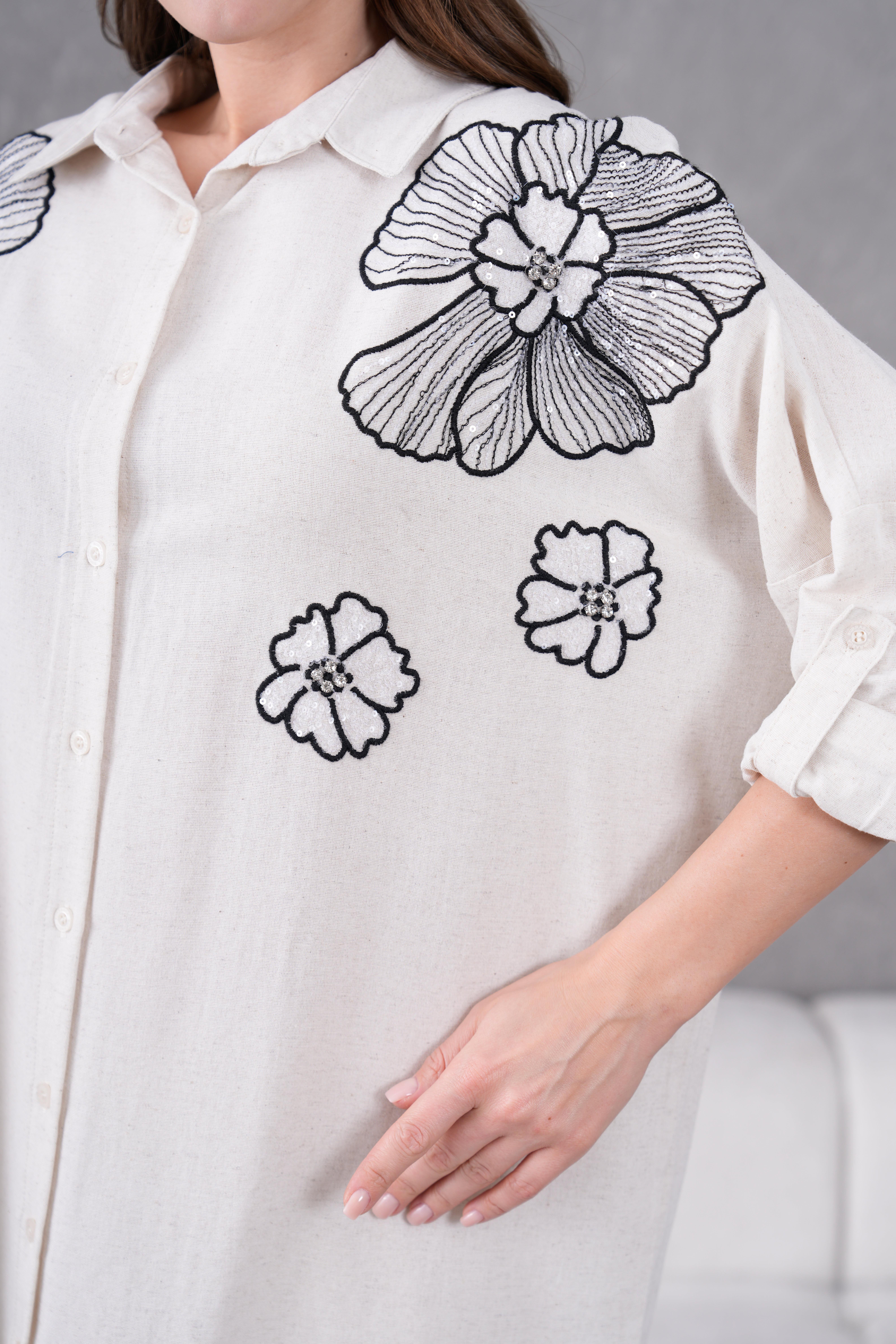 NAKIŞ İŞLEMELİ OVERSIZE KETEN GÖMLEK17324