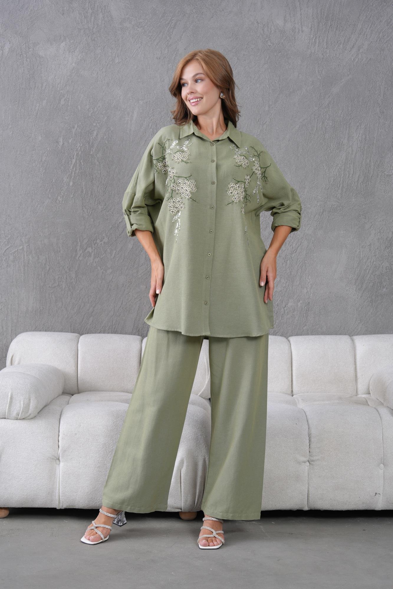 NAKIŞ İŞLEMELİ OVERSIZE KETEN GÖMLEK17429