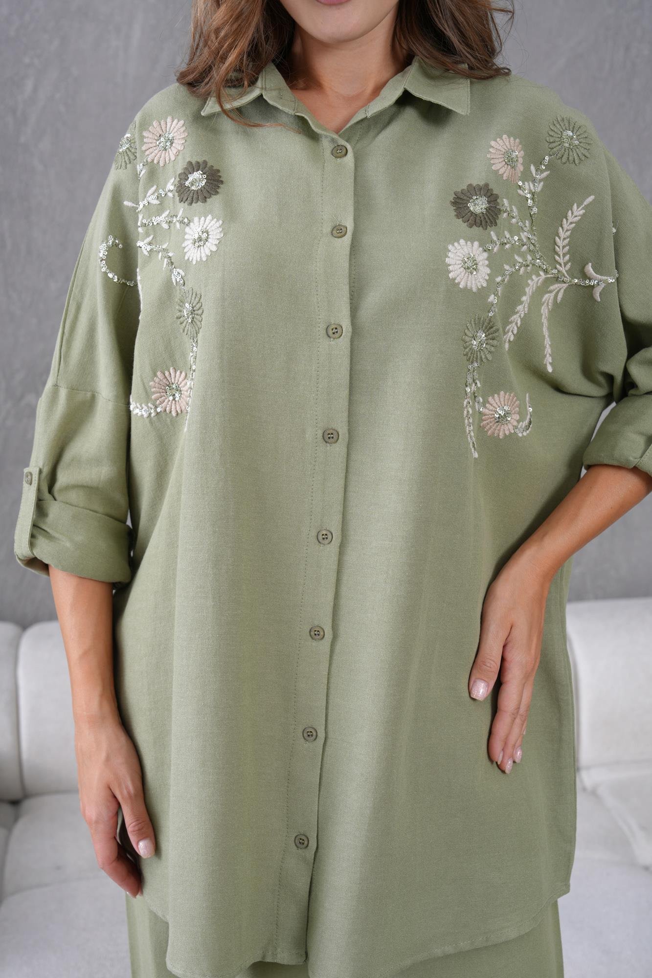 NAKIŞ İŞLEMELİ OVERSIZE KETEN GÖMLEK17431