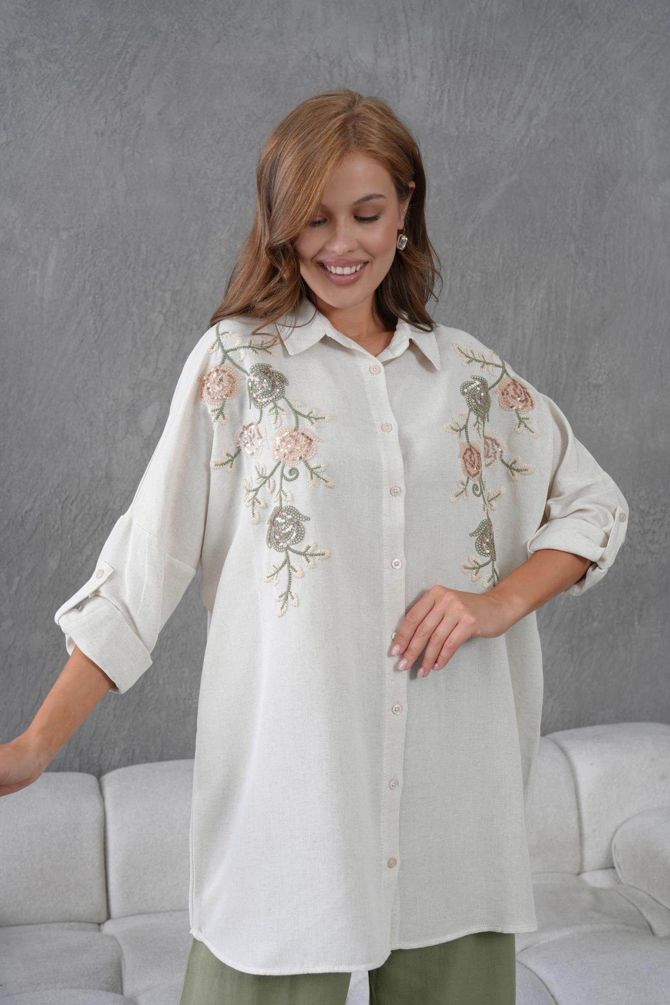 NAKIŞ İŞLEMELİ OVERSIZE KETEN GÖMLEK17430