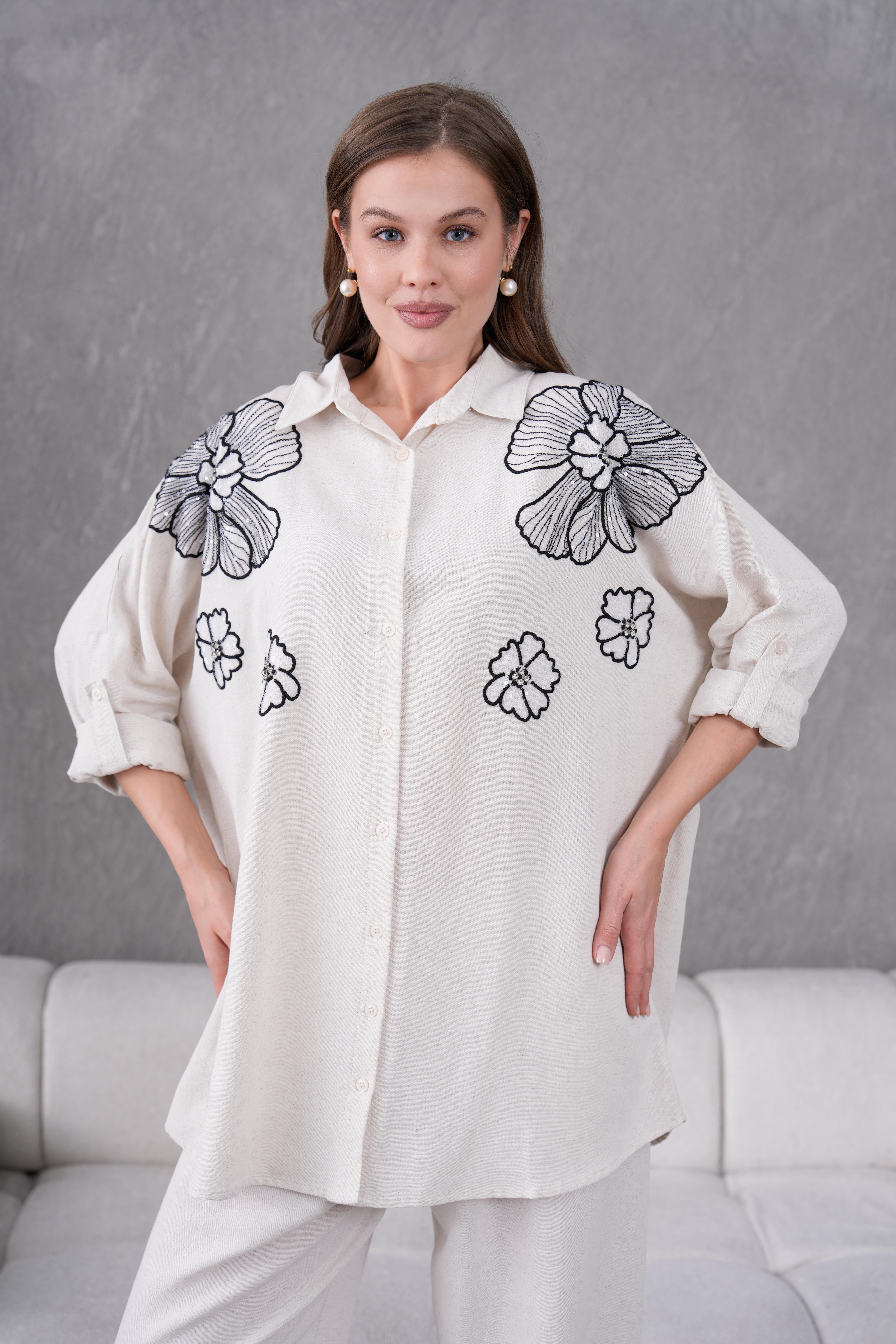 NAKIŞ İŞLEMELİ OVERSIZE KETEN GÖMLEK17324