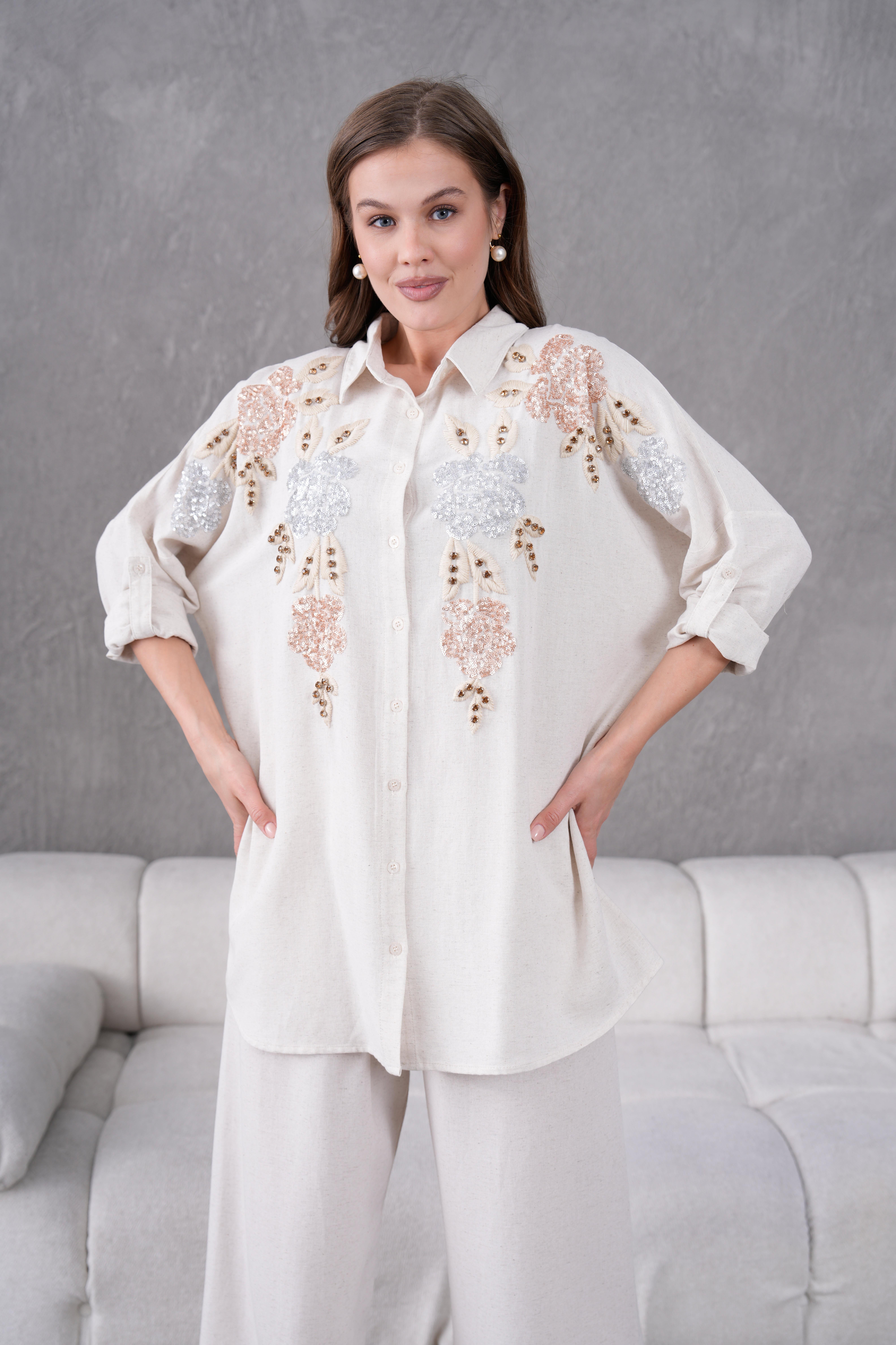 NAKIŞ İŞLEMELİ OVERSIZE KETEN GÖMLEK17322