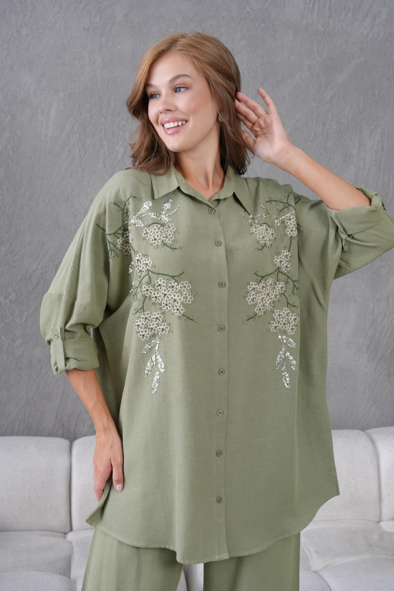 NAKIŞ İŞLEMELİ OVERSIZE KETEN GÖMLEK17429