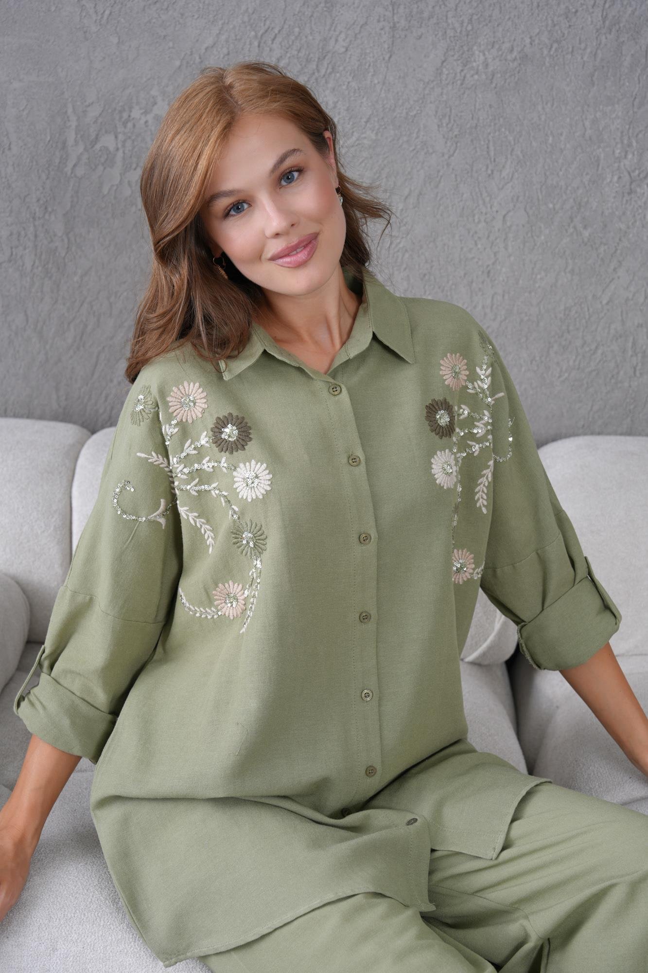 NAKIŞ İŞLEMELİ OVERSIZE KETEN GÖMLEK17431