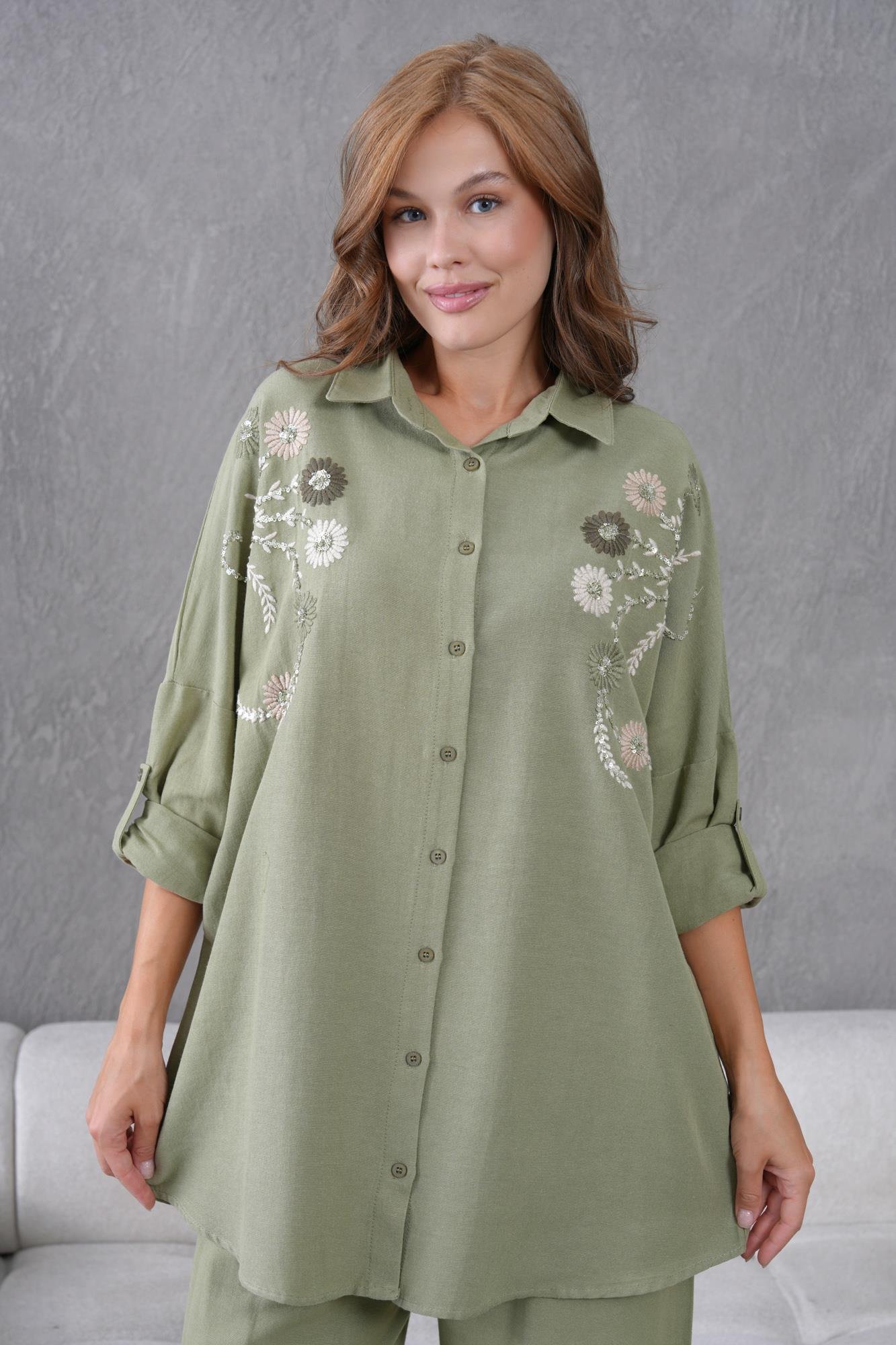 NAKIŞ İŞLEMELİ OVERSIZE KETEN GÖMLEK17431