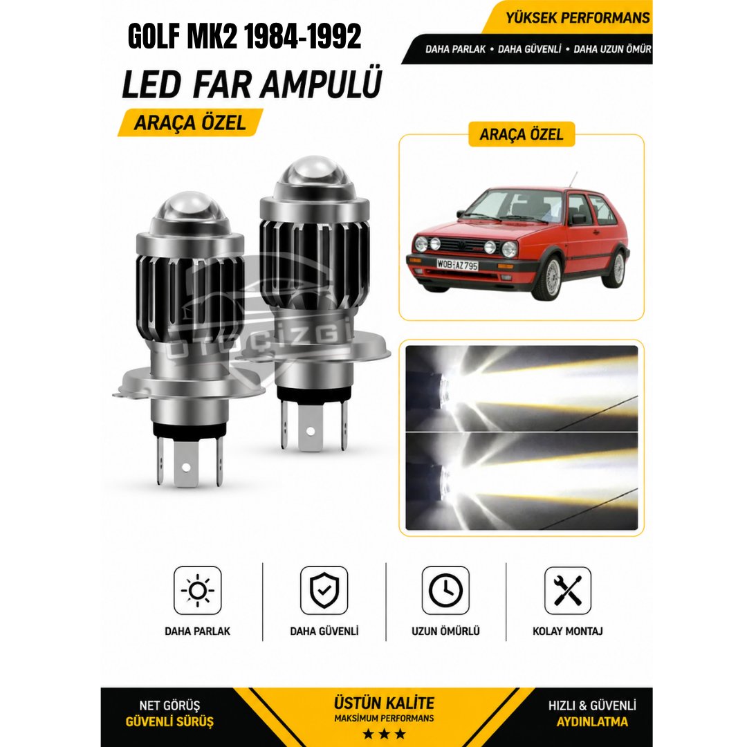Golf MK2 1984-1992 H4 LED Far Ampulü Beyaz Işık Canbus Mini Lensli 2'li Set