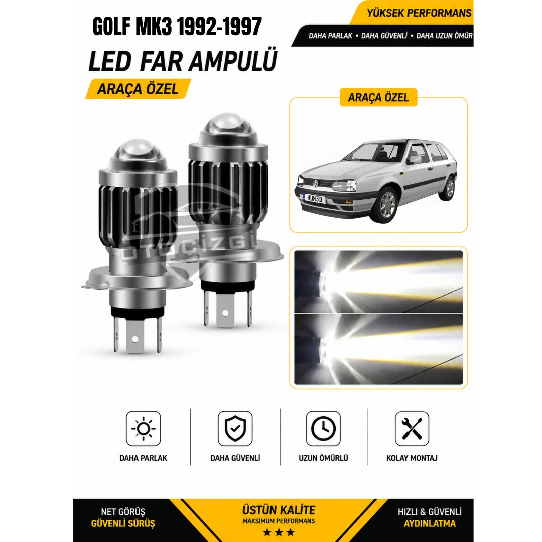Golf MK3 1992-1997 H4 LED Far Ampulü Beyaz Işık Canbus Mini Lensli 2'li Set