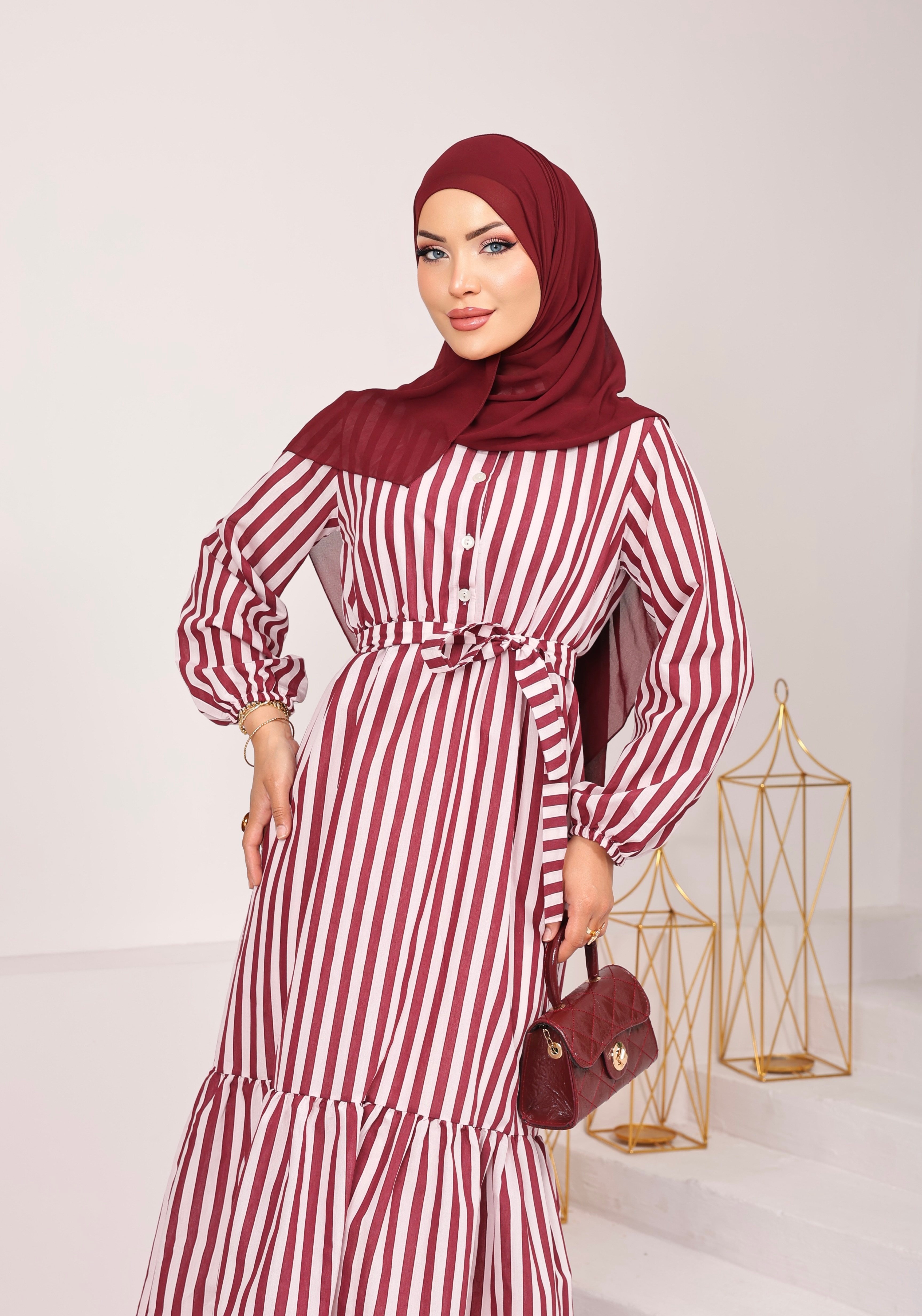  8263  GİZGİLİ YENİ SEZON SEYYAR KEMERLİ KETEN VİSKON ELBİSE BORDO 