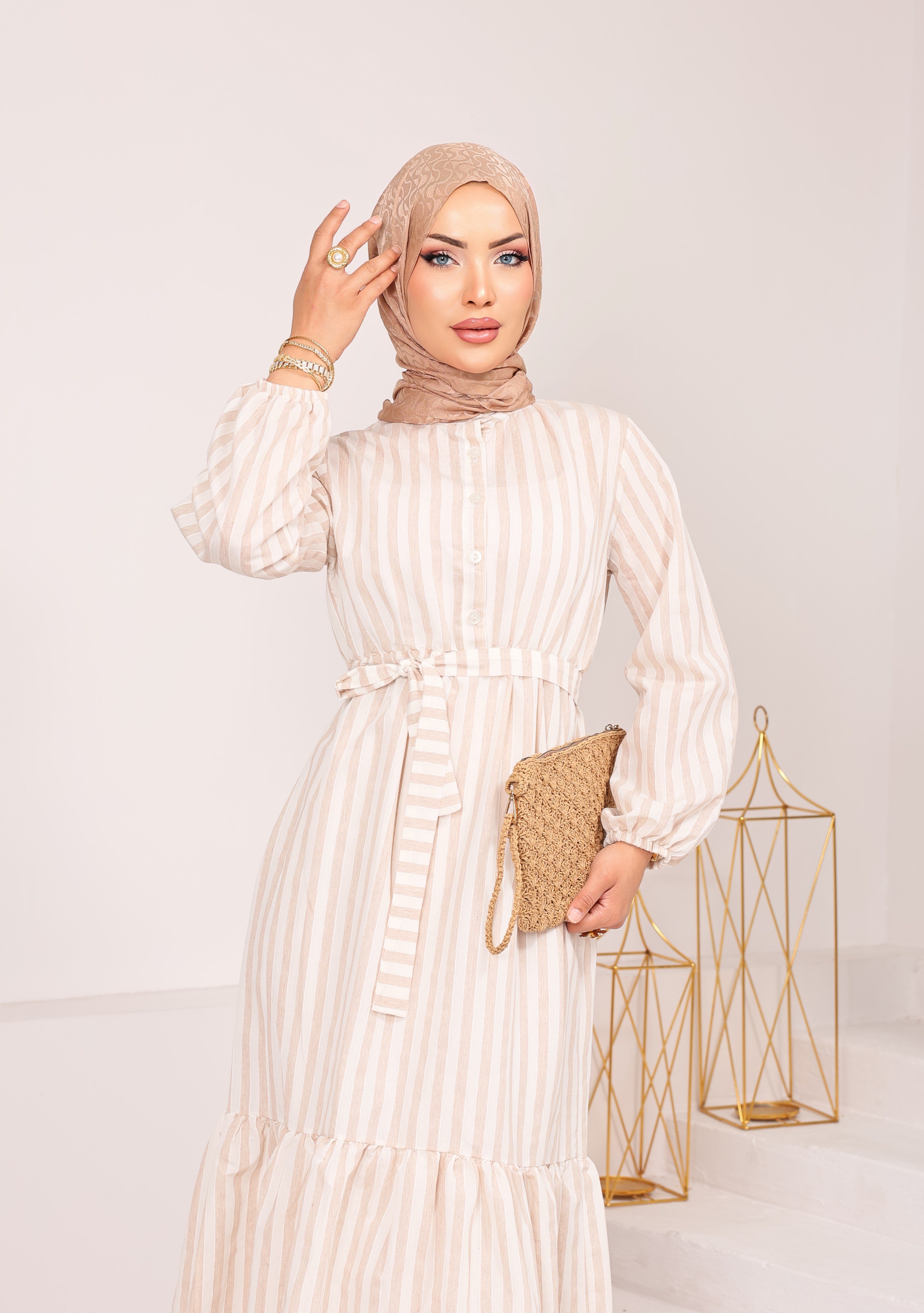  8263  GİZGİLİ YENİ SEZON SEYYAR KEMERLİ KETEN VİSKON ELBİSE BEJ