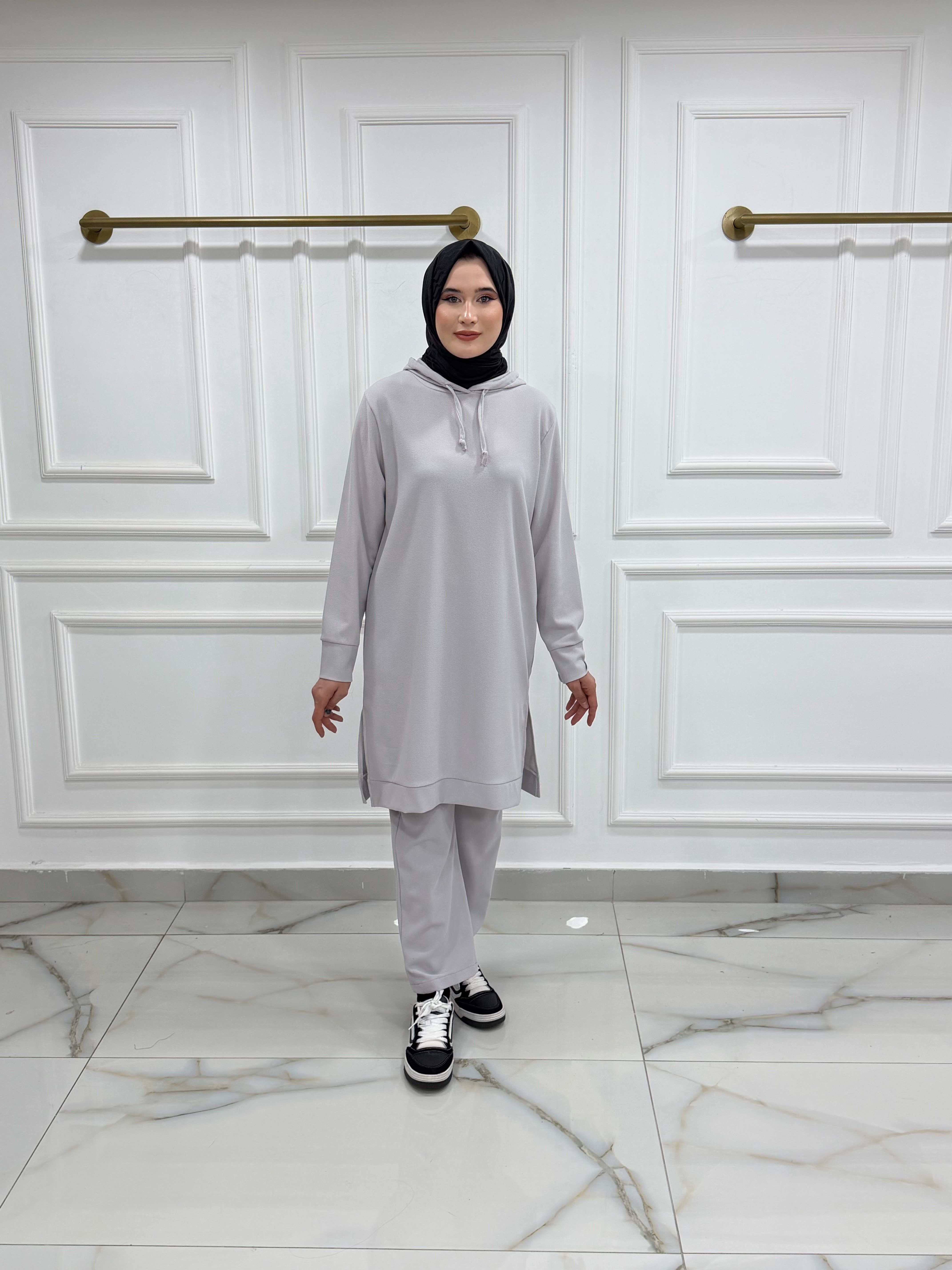 0286 KARİN KUMAŞ KAPİŞONLU PANTOLONLU TAKIM GRİ 