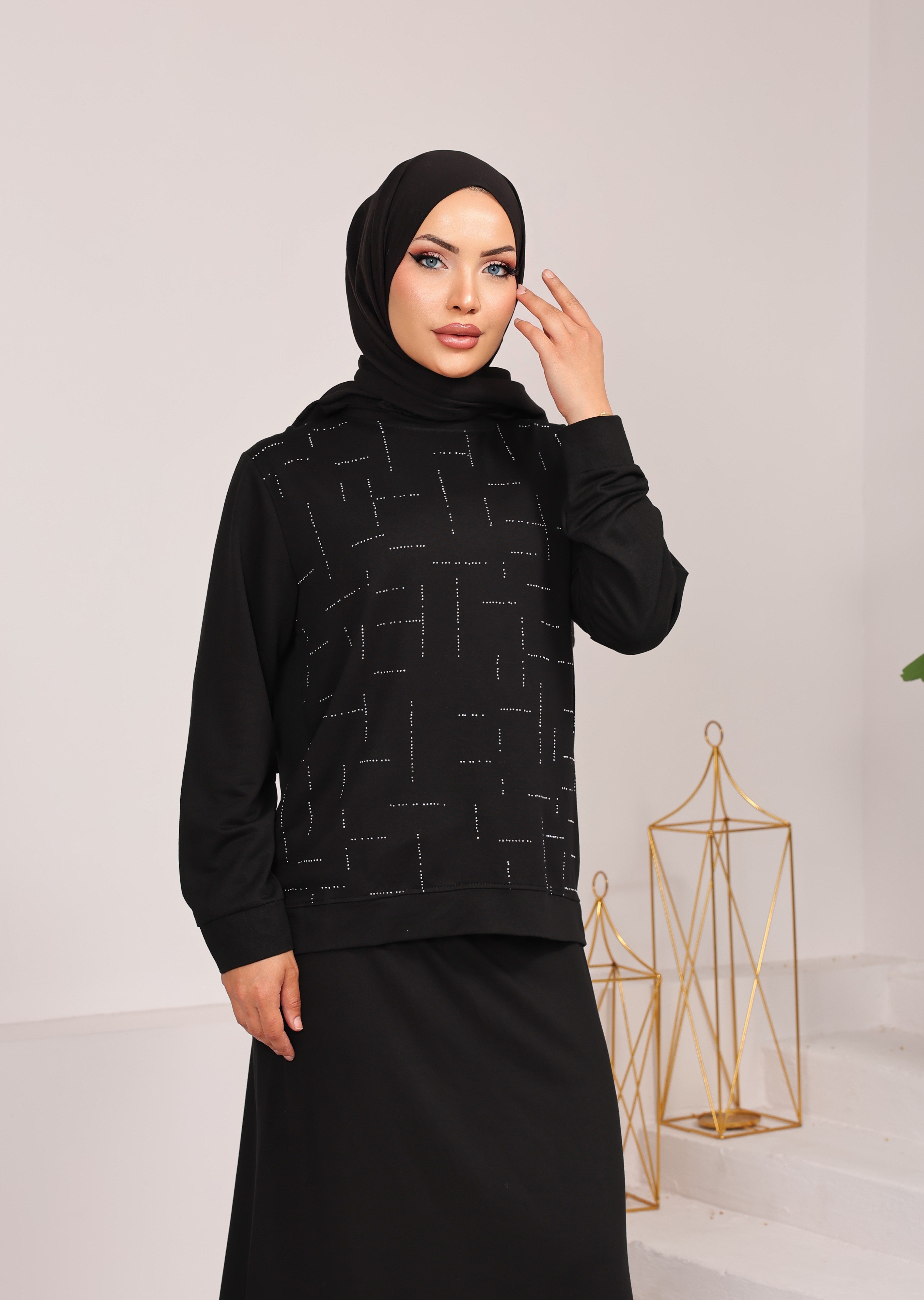 0726 OYSHO TAŞ DETAYLI ETEKLİ TAKIM  SİYAH 