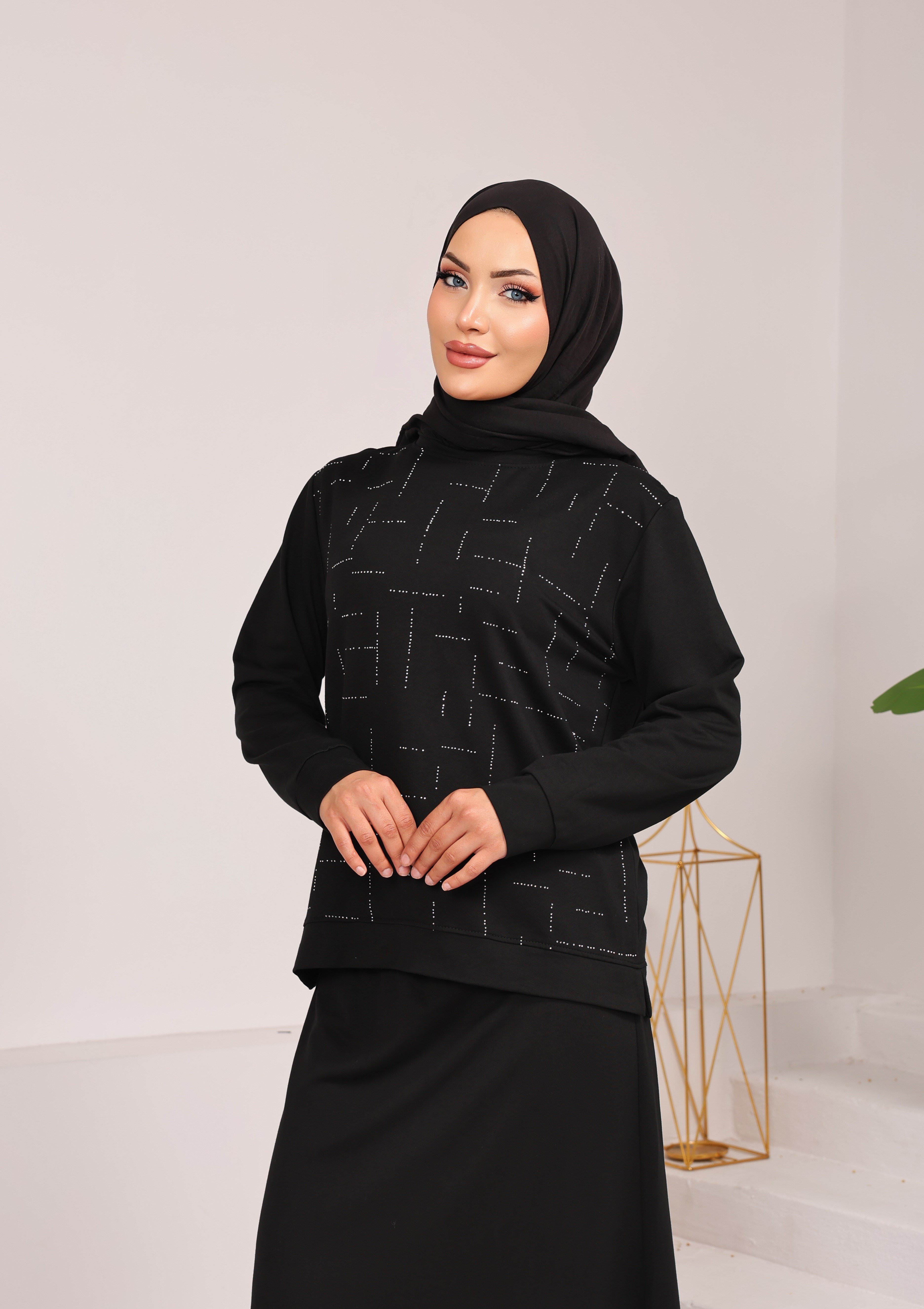 0726 OYSHO TAŞ DETAYLI ETEKLİ TAKIM  SİYAH 
