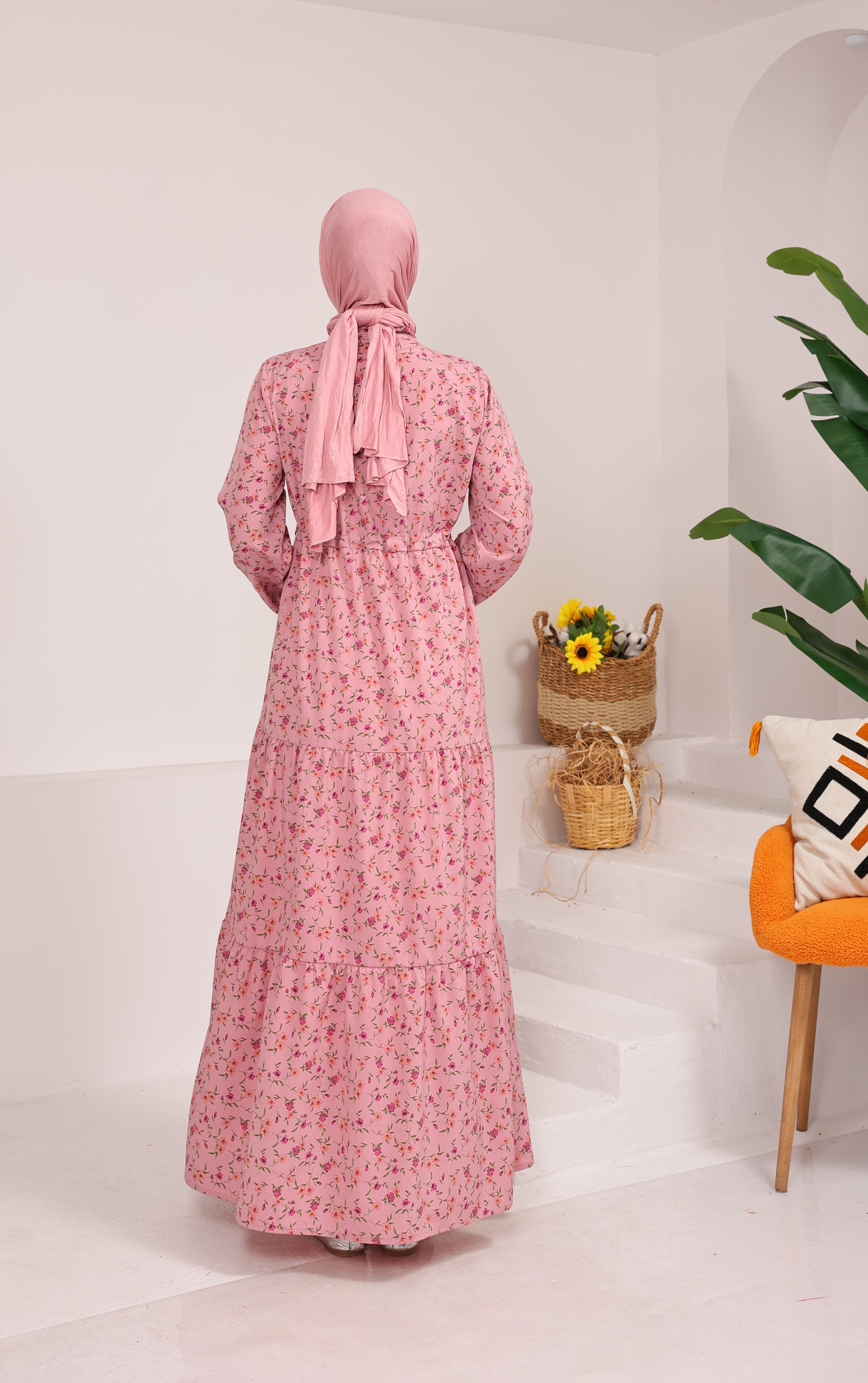 08262 ÇİÇEK DESENLİ BELDEN BAĞLAMALI VİSKON KUMAŞ ELBİSE PEMBE 