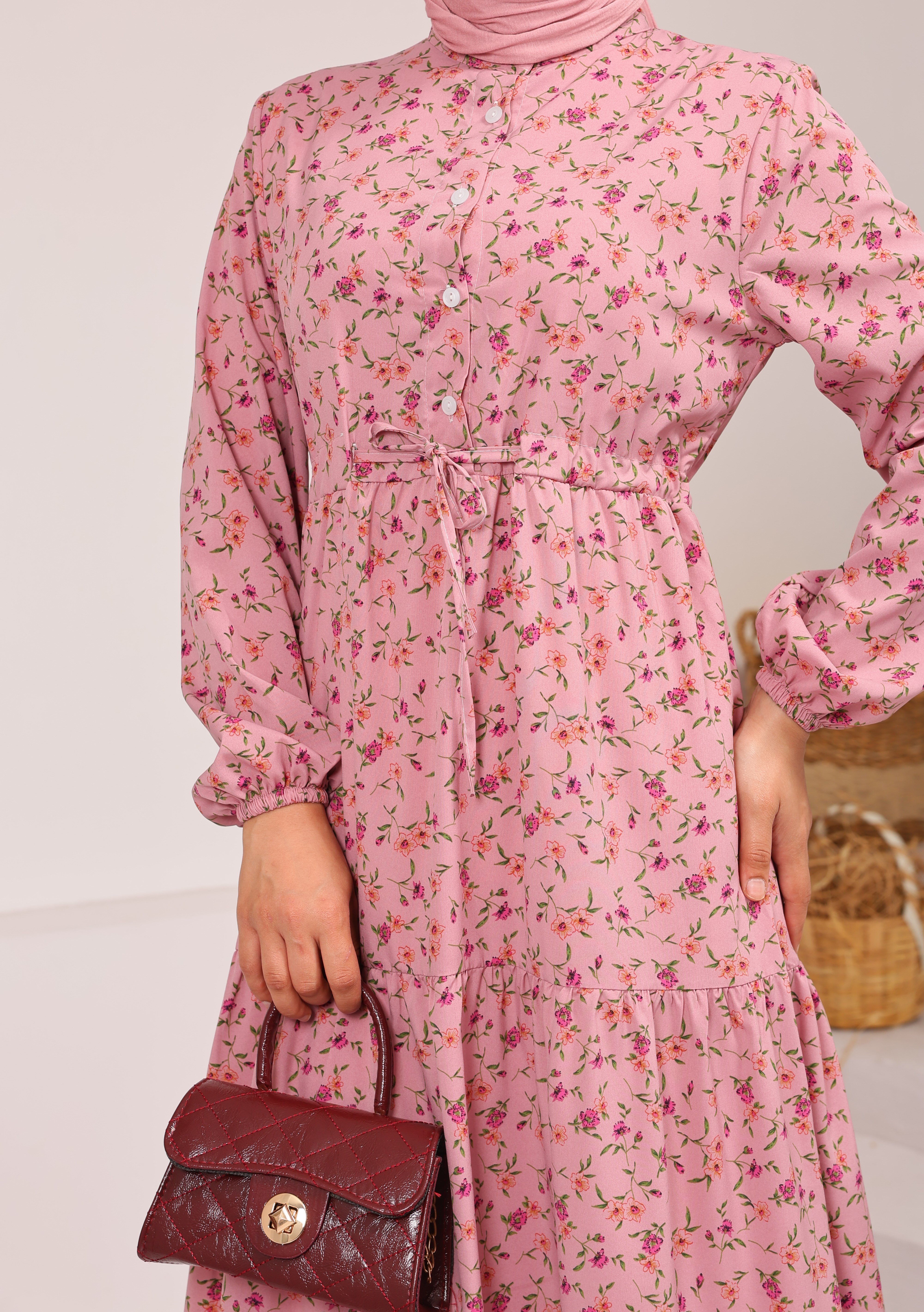 08262 ÇİÇEK DESENLİ BELDEN BAĞLAMALI VİSKON KUMAŞ ELBİSE PEMBE 