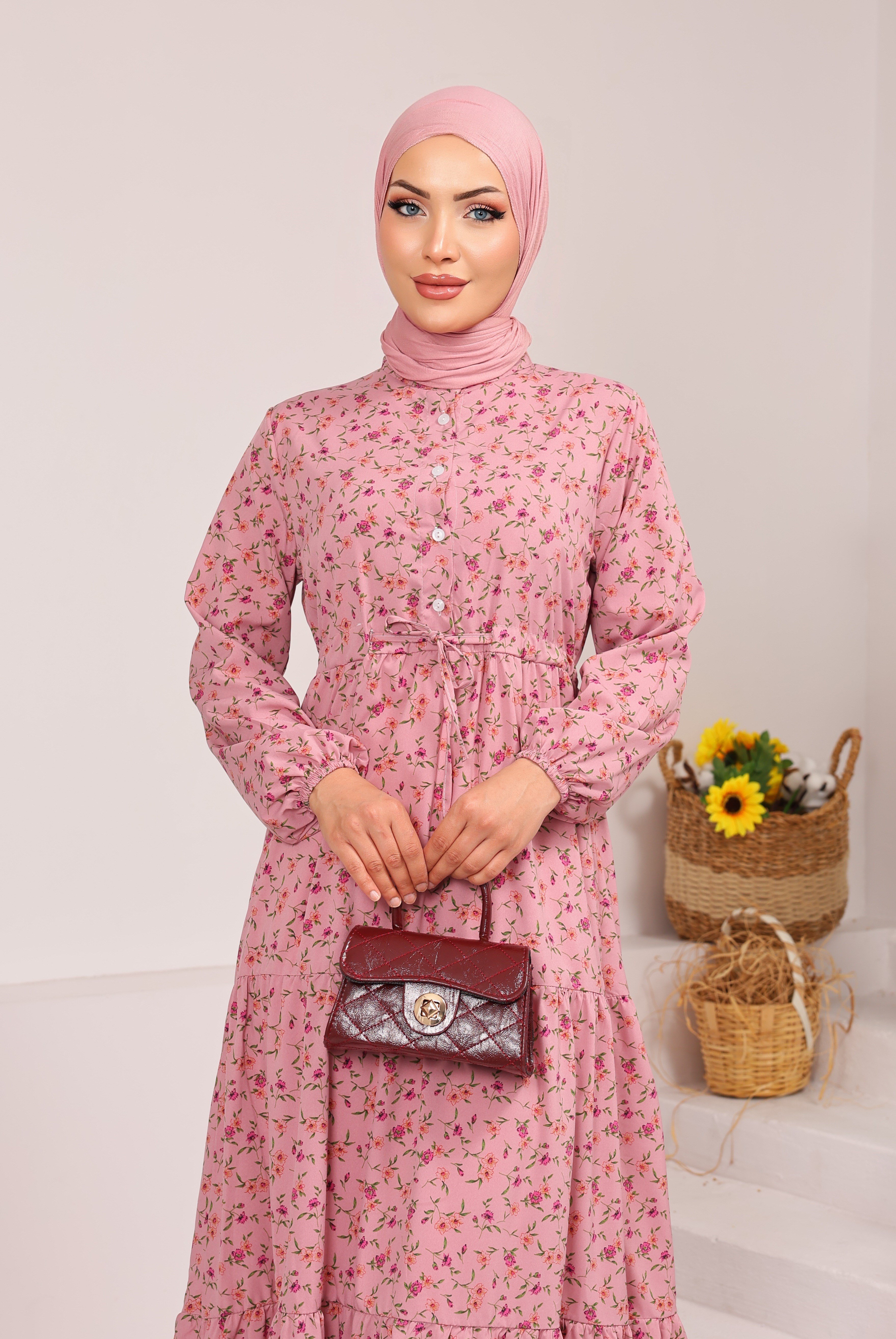 08262 ÇİÇEK DESENLİ BELDEN BAĞLAMALI VİSKON KUMAŞ ELBİSE PEMBE 