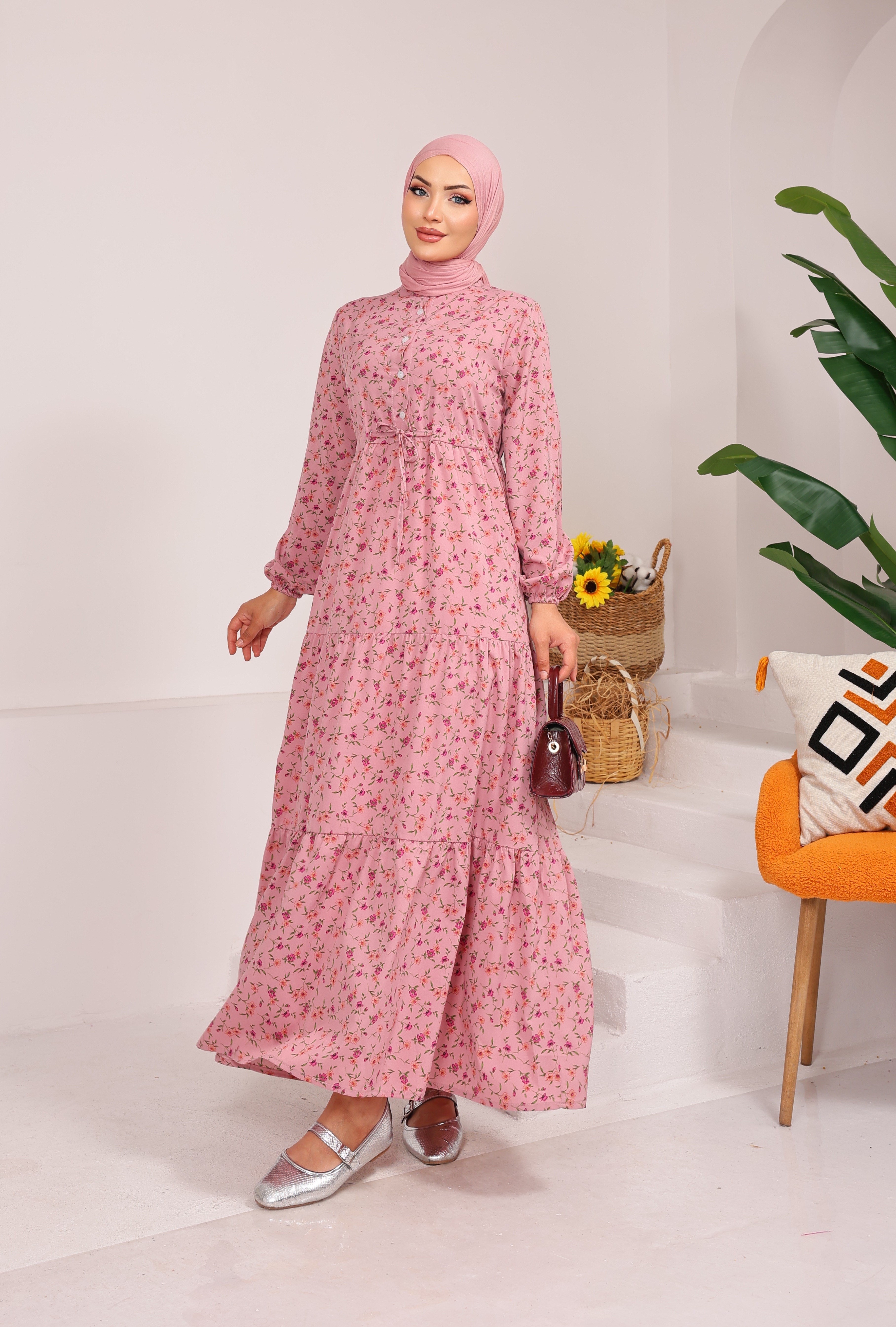 08262 ÇİÇEK DESENLİ BELDEN BAĞLAMALI VİSKON KUMAŞ ELBİSE PEMBE 