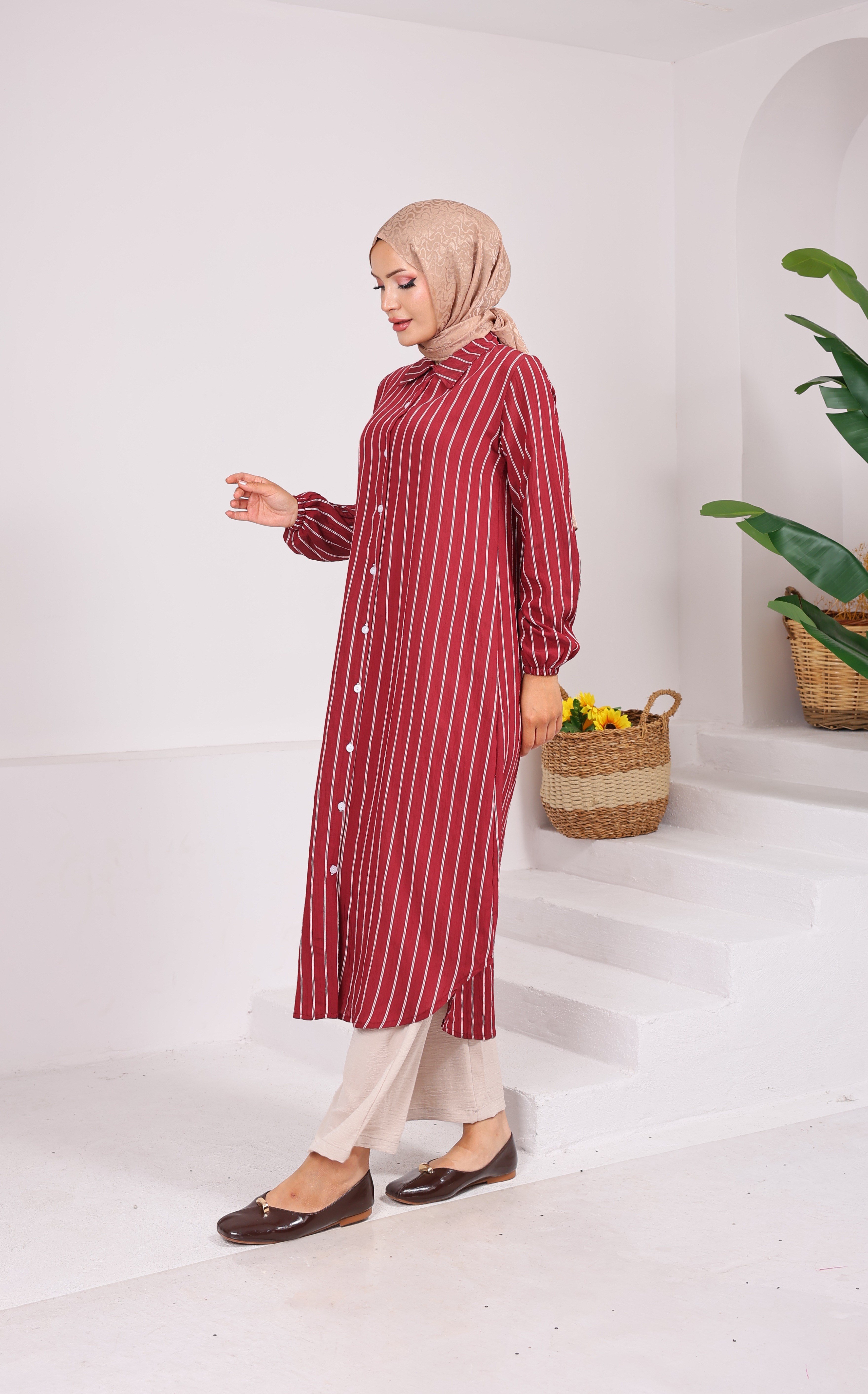 0843 MODAL KUMAŞ BOYDAN DÜĞMELİ GÖMLEK TUNİK BORDO 