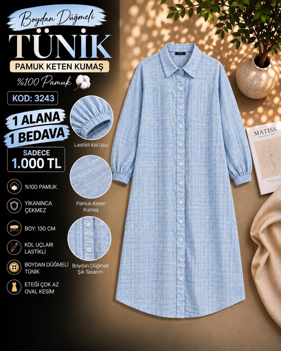 1 ALANA 1 BEDAVA 1000 TL KARGO BEDAVA PAMUK KETEN TUNİK MAVİ 