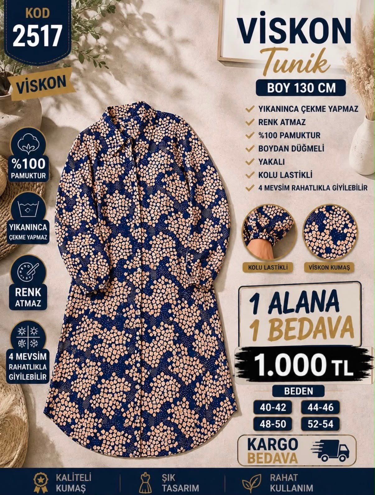 1 ALANA 1 BEDAVA 1000 TL KARGO BEDAVA VİSKON KUMAŞ BOYDAN DÜĞMELİ TUNİK LACİVERT 