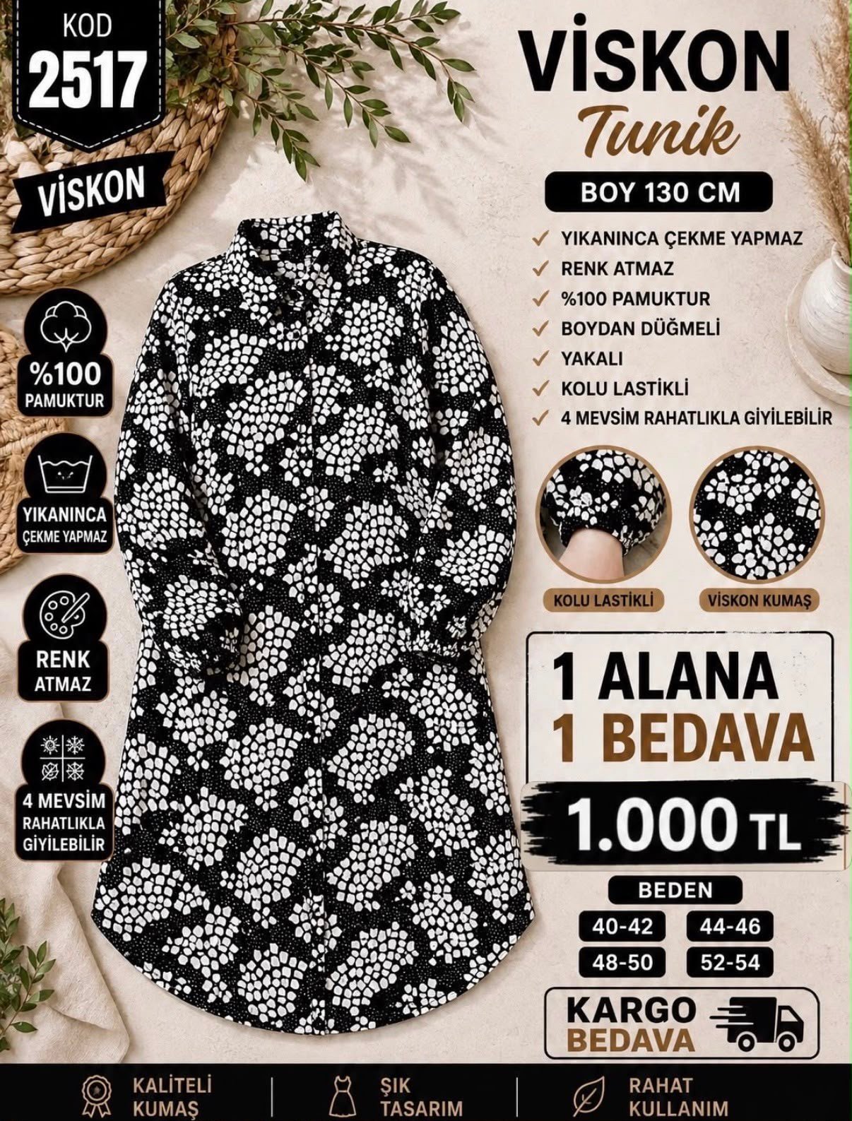 1 ALANA 1 BEDAVA 1000 TL KARGO BEDAVA VİSKON KUMAŞ BOYDAN DÜĞMELİ TUNİK SİYAH 