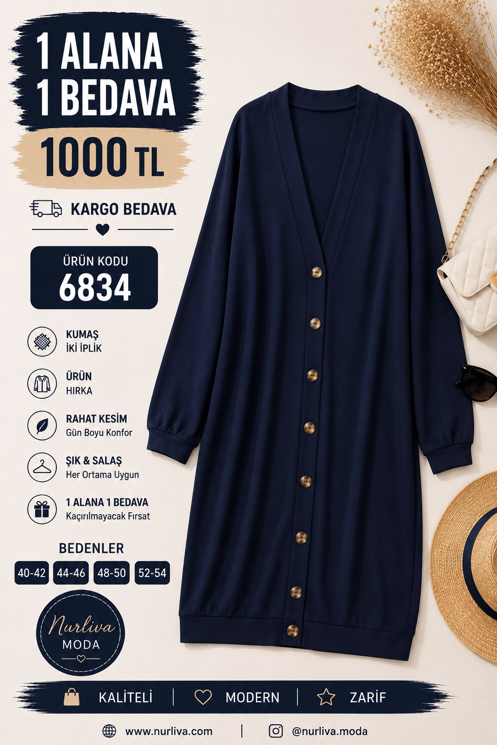 1 ALANA 1 BEDAVA 1000 TL KARGO BEDAVA İKİ İPLİK HIRKA LACİVERT 