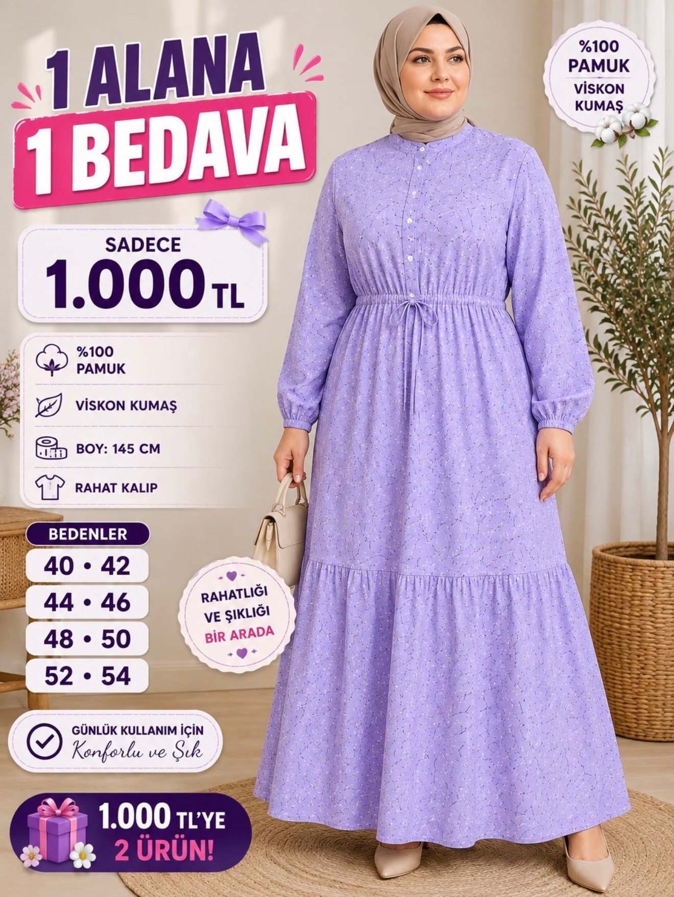 1 ALANA 1 BEDAVA 1000 TL KARGO BEDAVA  ÇİÇEK DENENLİ BELDEN BAĞLAMALI YARIYA KADAR DÜĞMELİ ZARA SATEN KUMAŞ  ELBİSE LİLA 