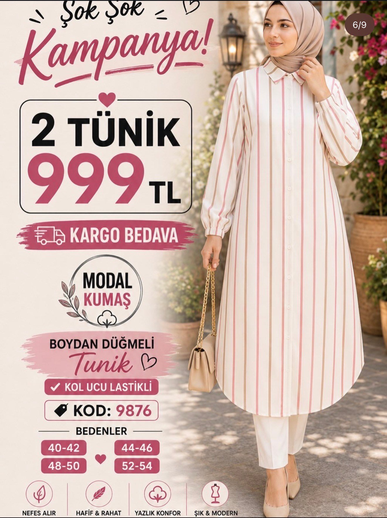 1 ALANA 1 BEDAVA 1000 TL KARGO BEDAVA MODAL KUMAŞ BOYDAN DÜĞMELİ TUNİK TOZ PEMBE ÇİZGİLİ 