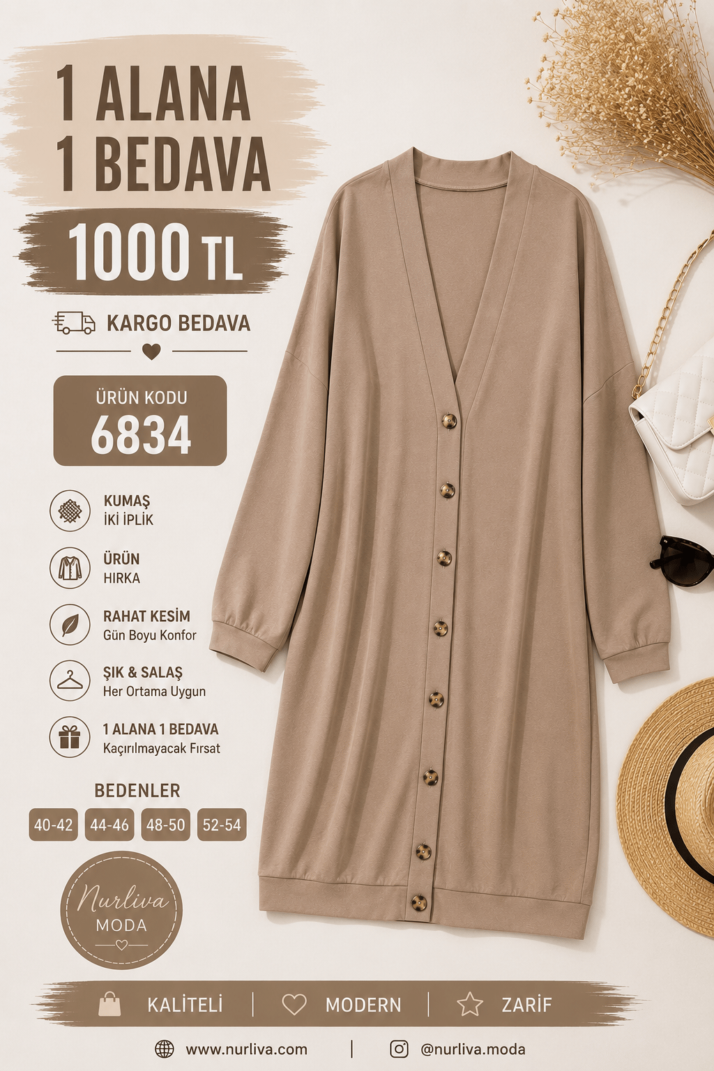 1 ALANA 1 BEDAVA 1000 TL KARGO BEDAVA İKİ İPLİK HIRKA SÜTLÜ KAHVE