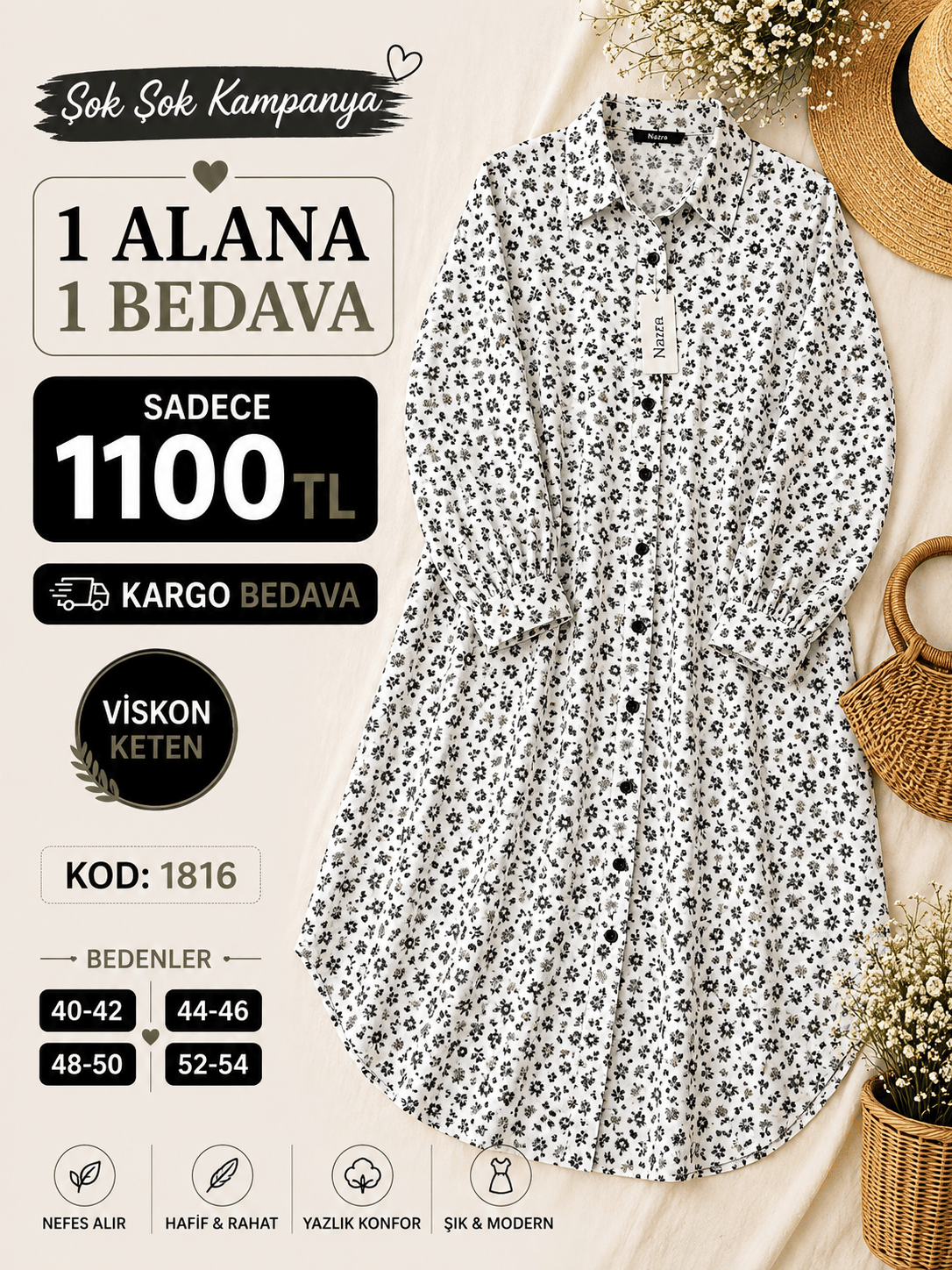 1 ALANA 1 BEDAVA 1100 TL KARGO BEDAVA PAPATYA ÇİÇEĞİ DESENLİ BOYDAN DÜĞMELİ MÜSLİM KETEN KUMAŞ TUNİK BEYAZ 
