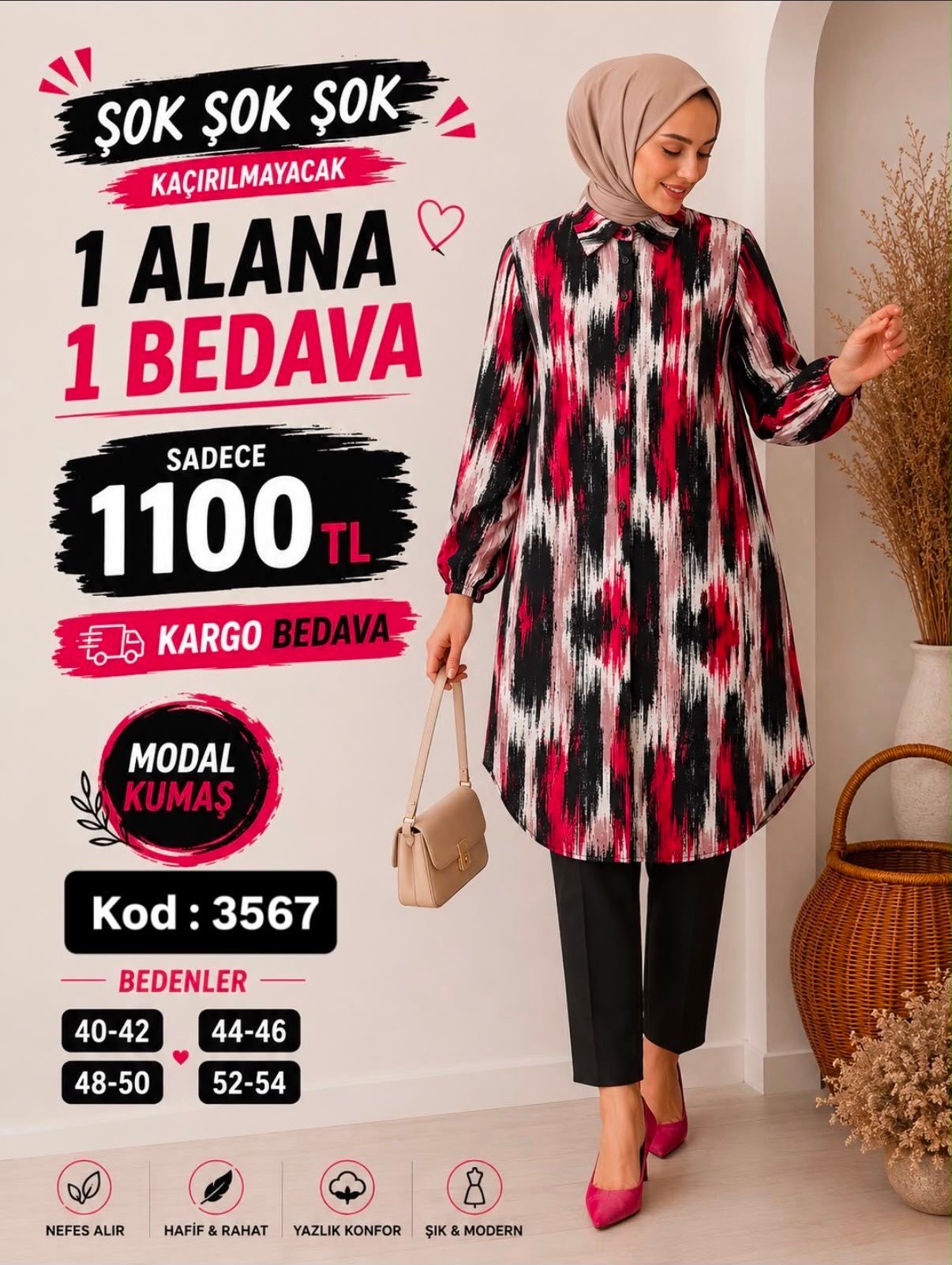 1 ALANA  1 BEDAVA 1100 TL KARGO BEDAVA MODAL KUMAŞ BOYDAN DÜĞMELİ TUNİK BORDO 