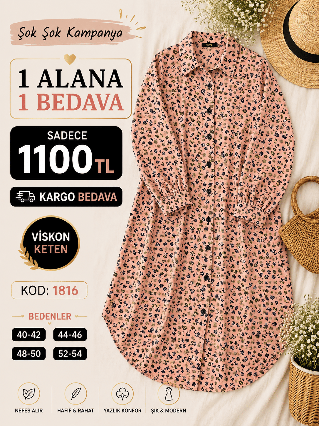 1 ALANA 1 BEDAVA 1100 TL KARGO BEDAVA PAPATYA ÇİÇEĞİ DESENLİ BOYDAN DÜĞMELİ MÜSLİM KETEN KUMAŞ TUNİK SOMON 