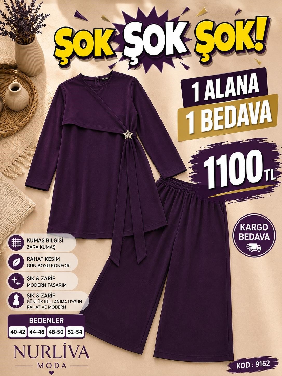 1 ALANA 1 BEDAVA  1100 TL KARGO BEDAVA DABIL KUMAŞ YANDAN BAĞLAMA DETAYLI PANTOLONLU TAKIM MOR 