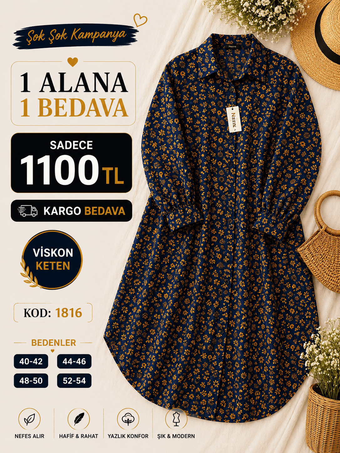 1 ALANA 1 BEDAVA 1100 TL KARGO BEDAVA PAPATYA ÇİÇEĞİ DESENLİ BOYDAN DÜĞMELİ MÜSLİM KETEN KUMAŞ TUNİK LACİVERT